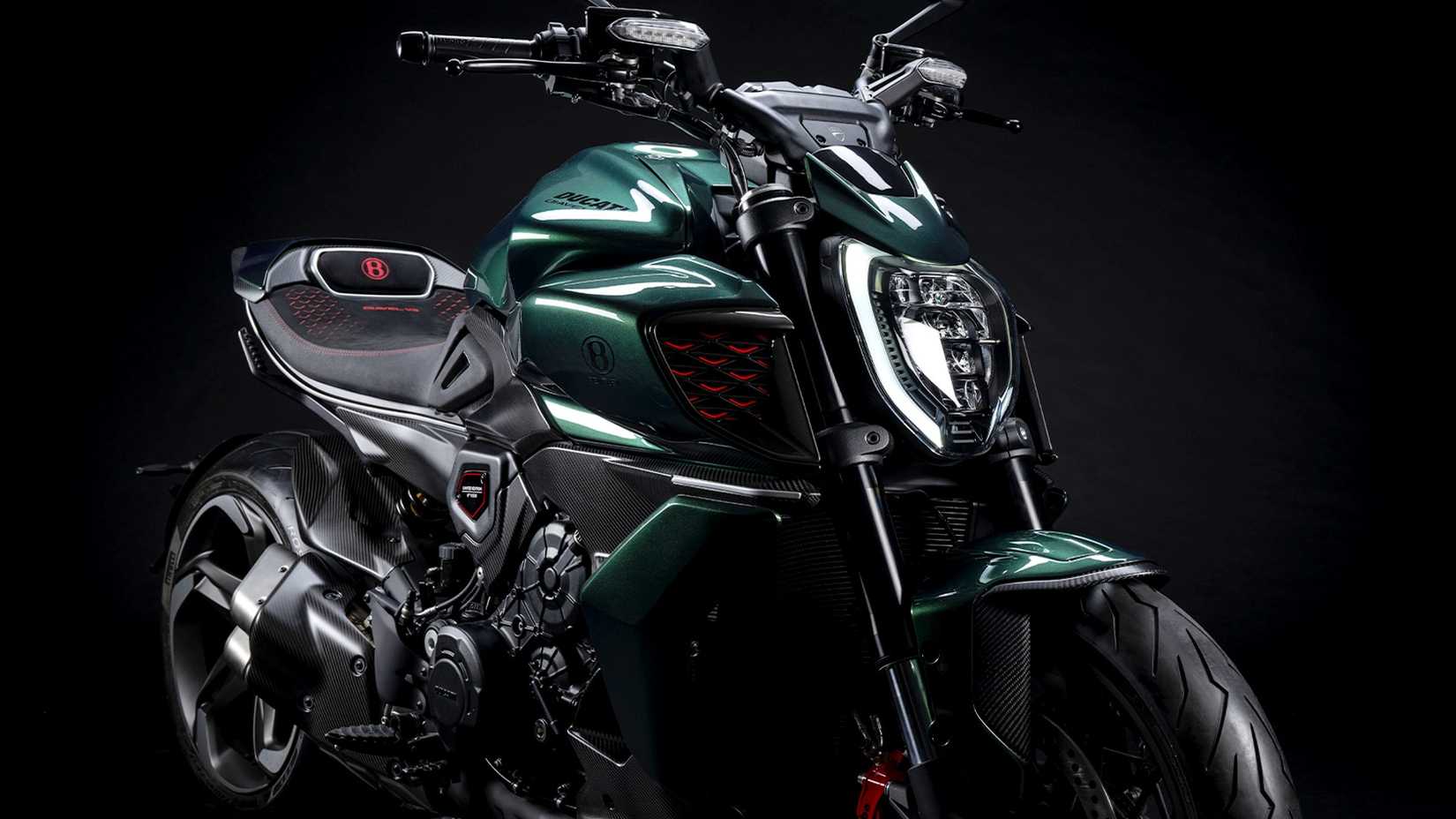 A studio shot of the Ducati Diavel For Bentley
