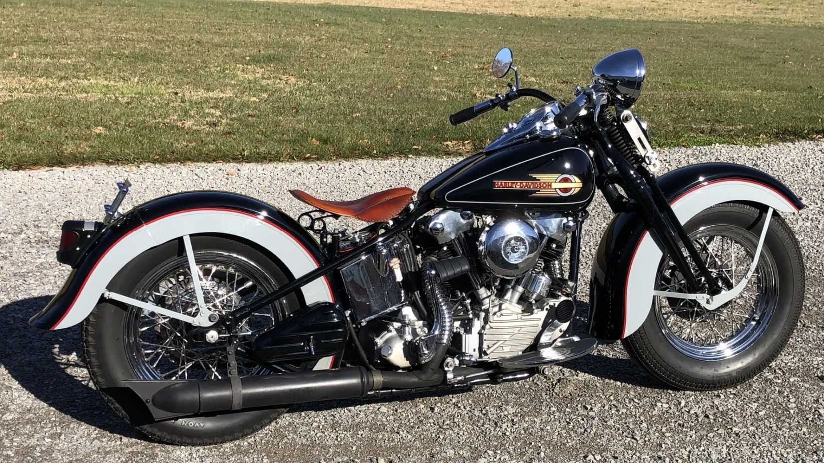 A 1941 Harley-Davidson EL Knucklehead seen from the right, parked on its side stand.