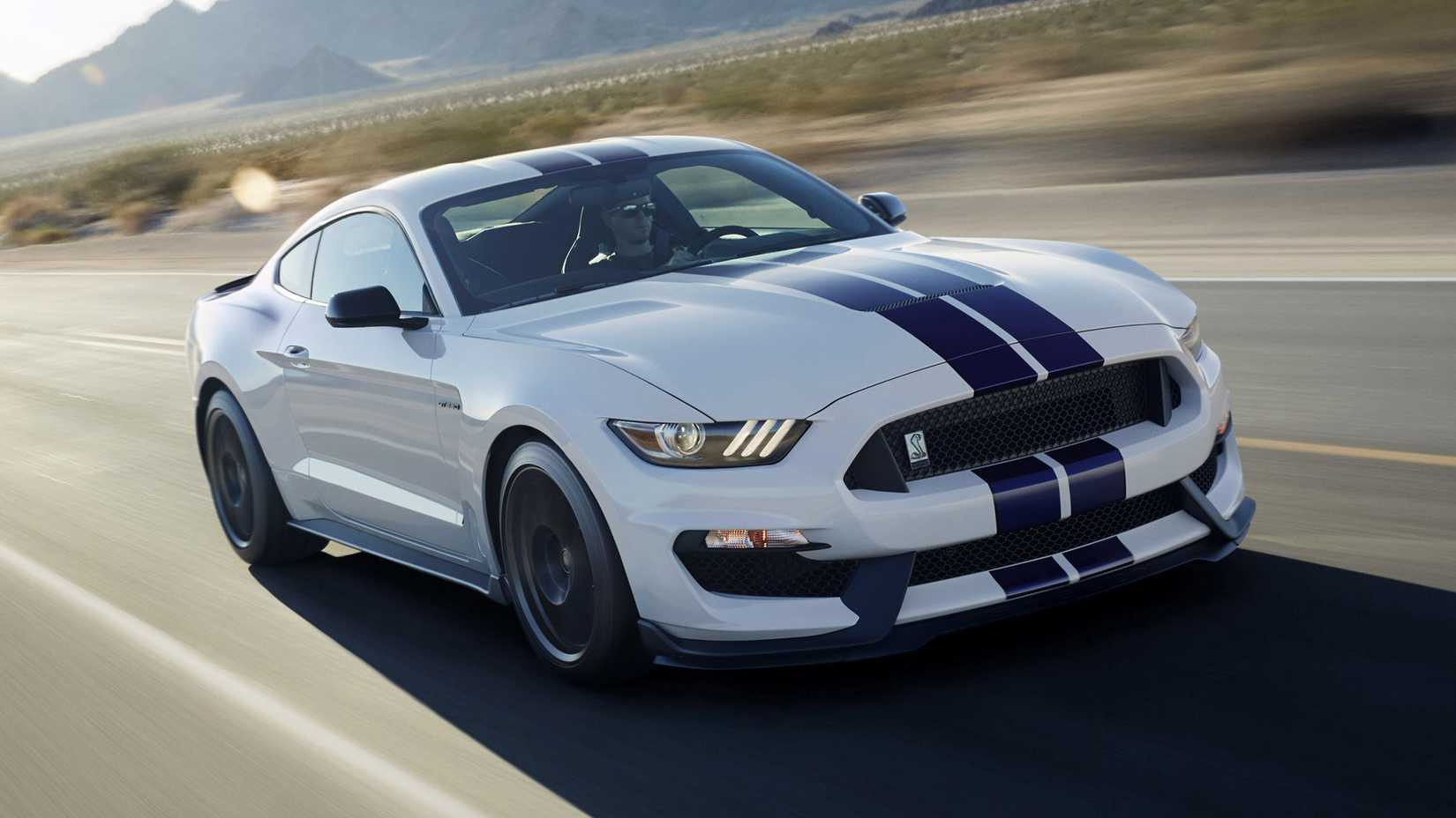A white and blue 2016 Ford Mustang Shelby GT350