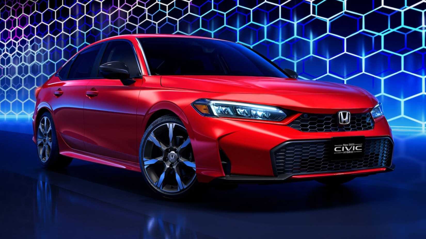 Front shot of a red 2025 Honda Civic Hybrid posing studio shot