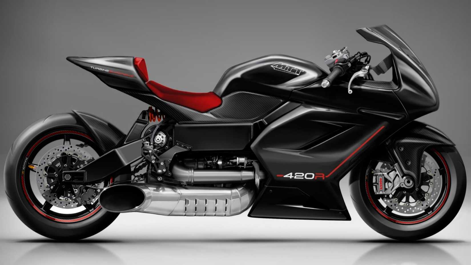 Foto de estúdio do lado direito de uma motocicleta com turbina MTT 420RR vermelha e preta