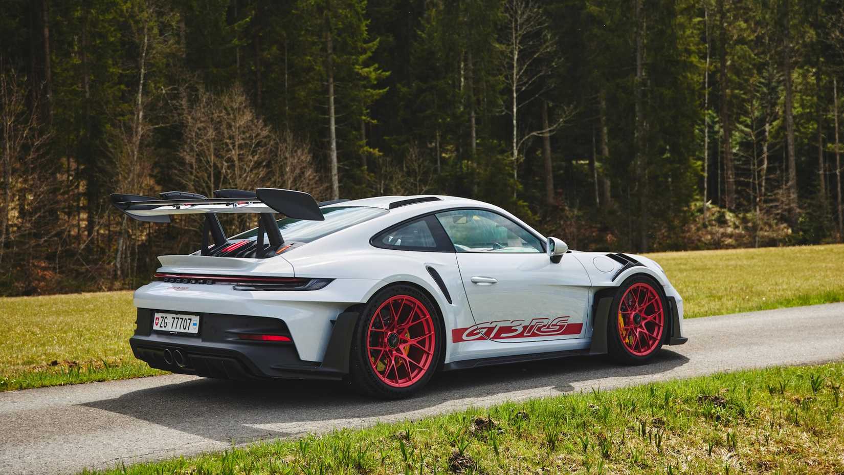 Rear three-quarter shot of a 2023 Porsche 911 GT3 RS