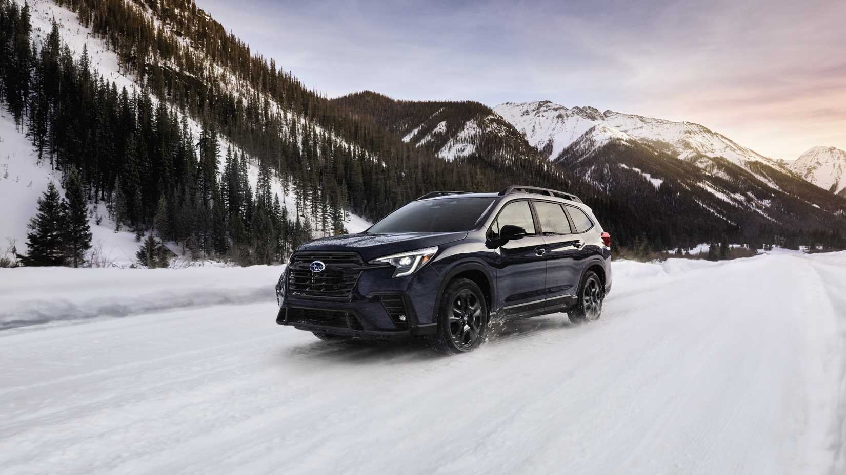 Front 3/4 shot of the 2024 Subaru Ascent in snow