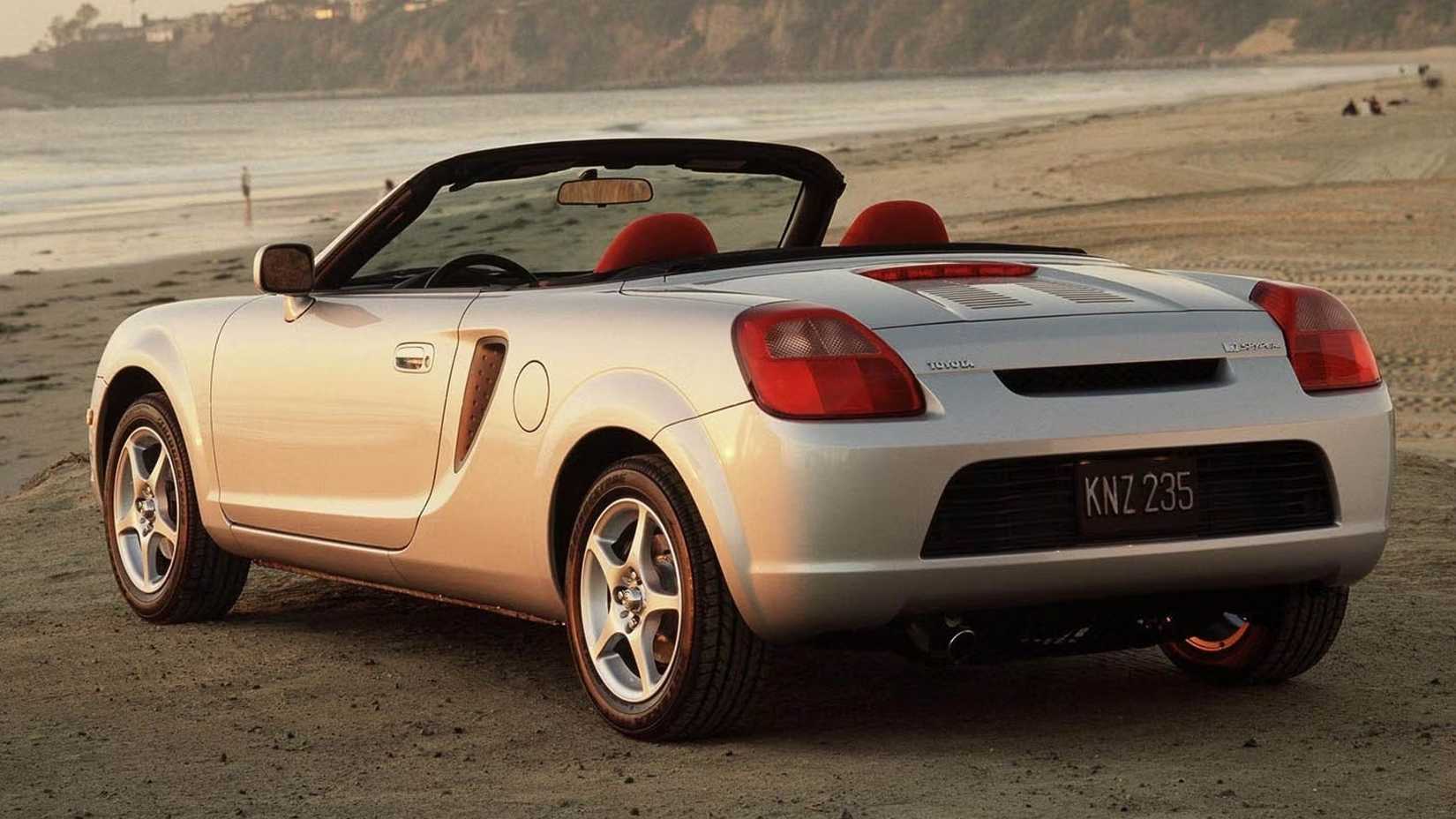 Silver Toyota MR2 Spyder rear 3/4 shot parked on the beach