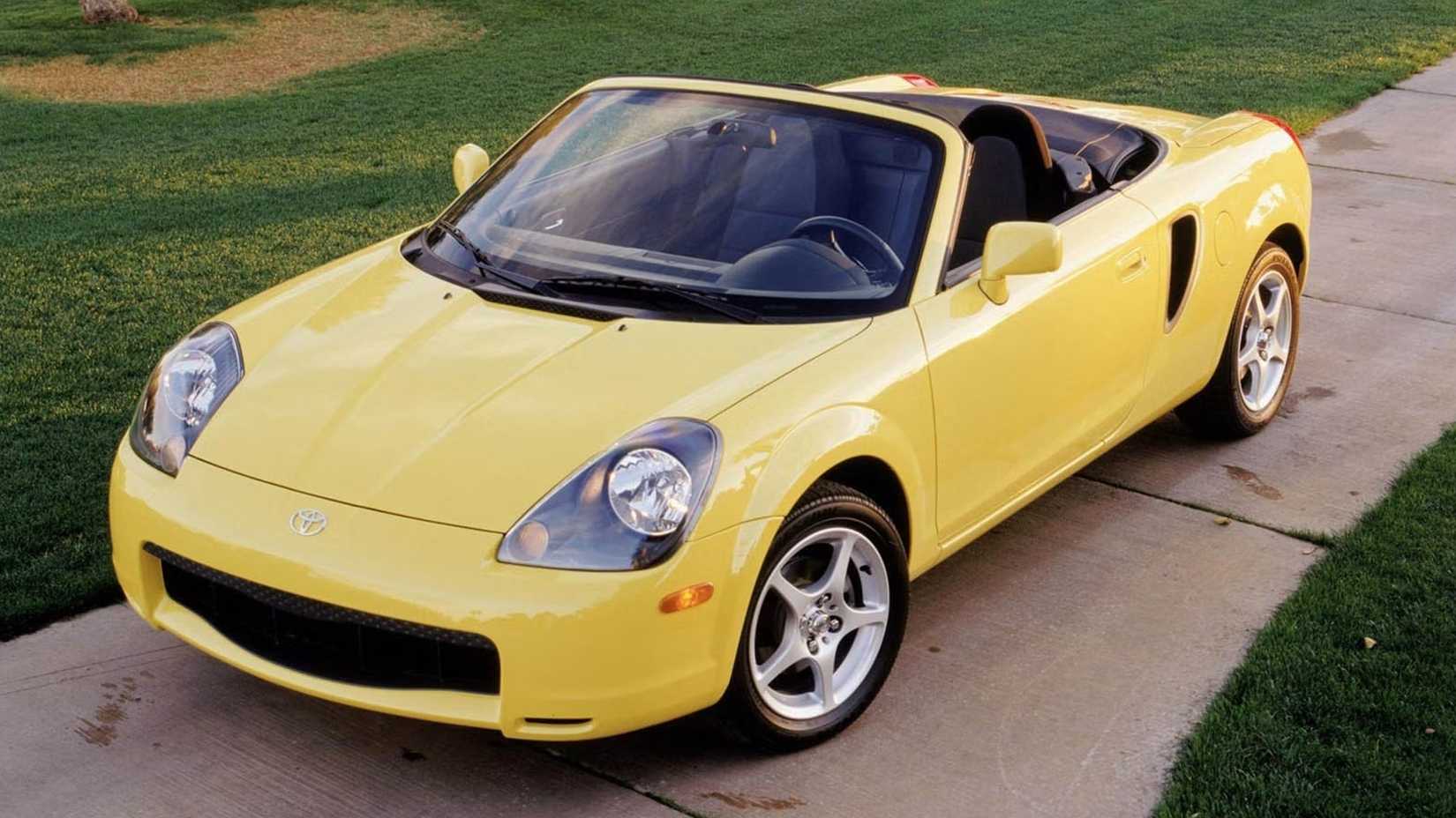 Front shot of a yellow Toyota MR2 Spyder parked in driveway