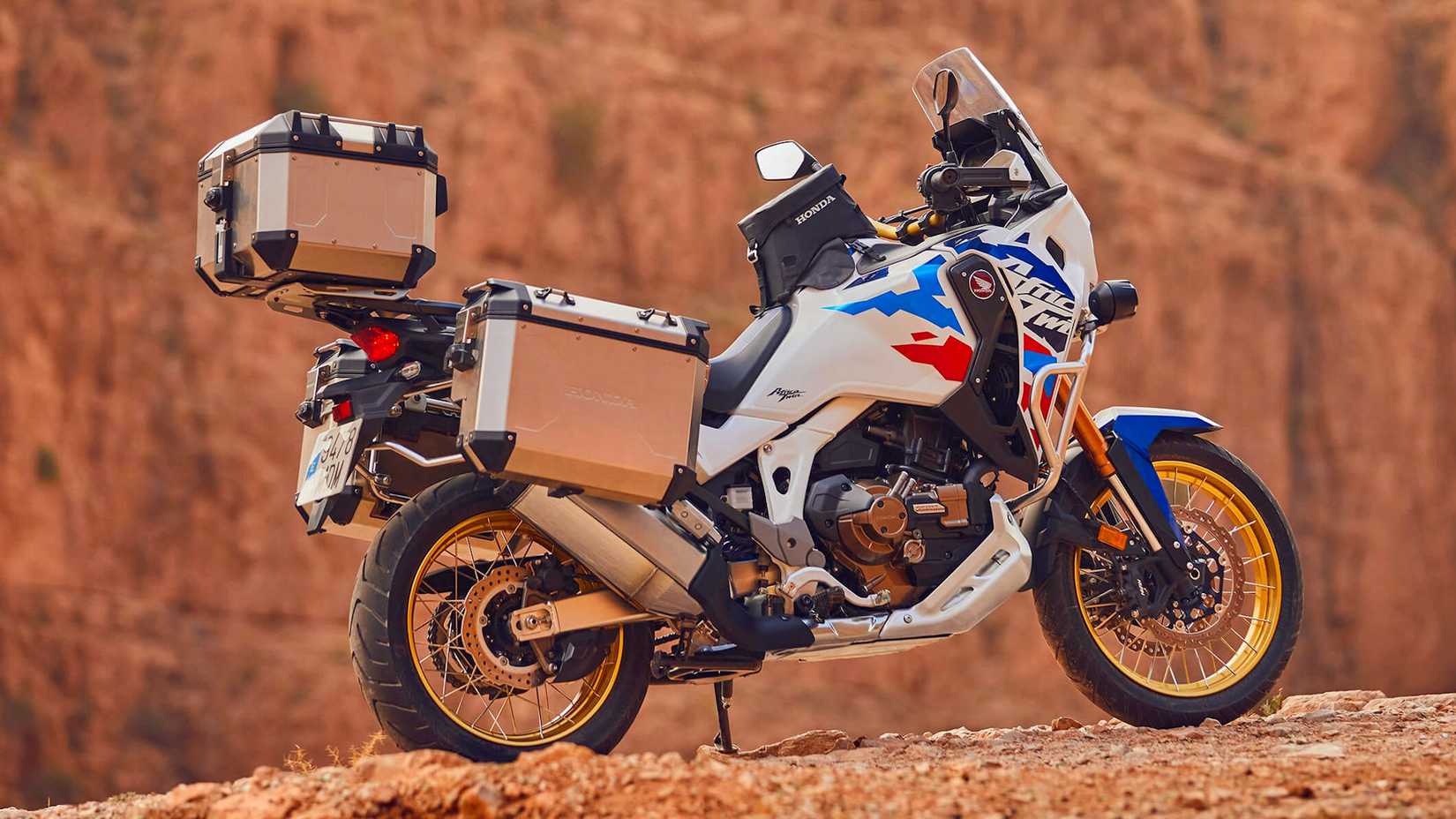 An accessorized 2024 Honda Africa Twin Adventure Sports ES static profile shot