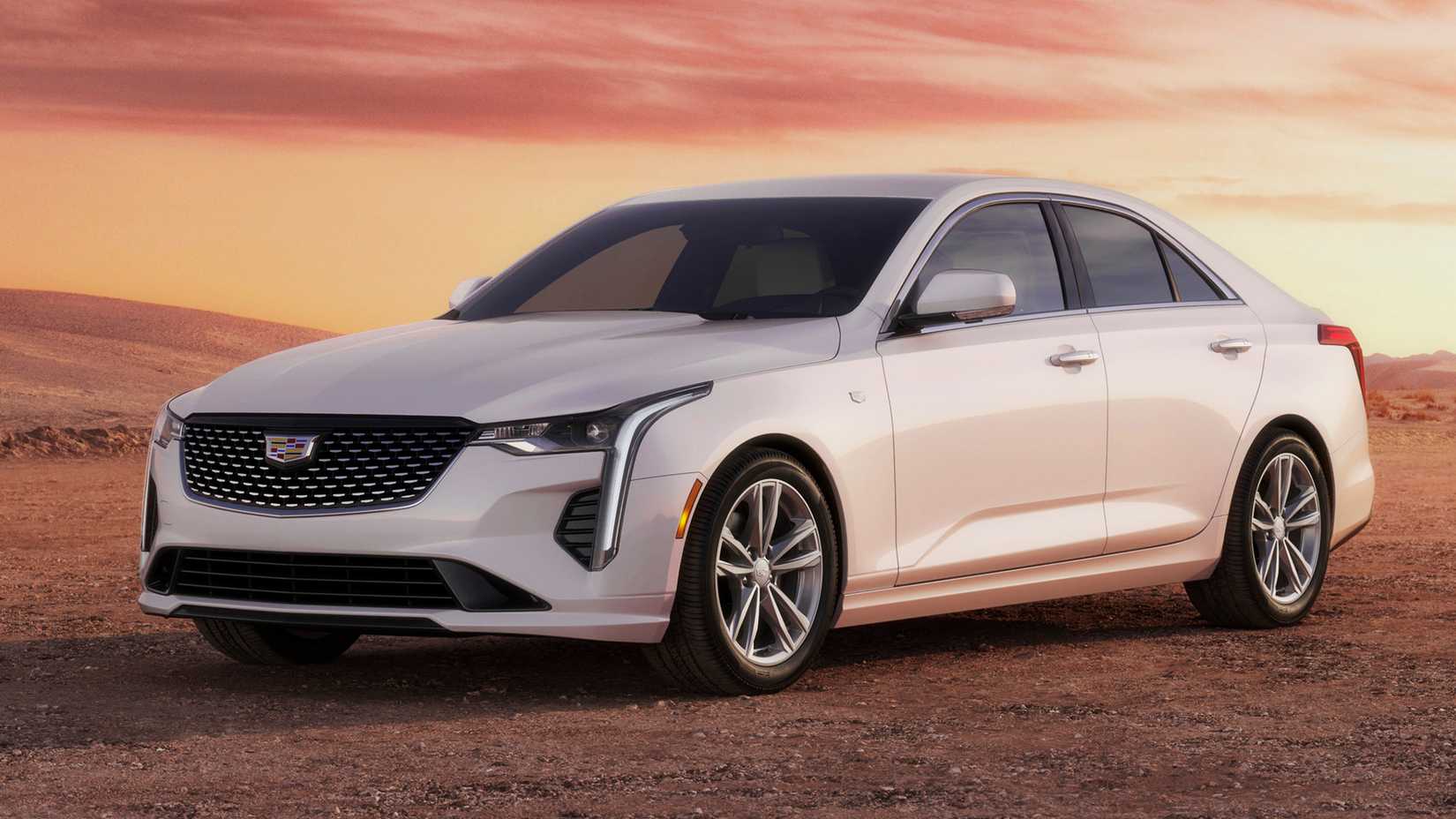 White 2023 Cadillac CT4 Luxury Sedan Parked Front 3/4 View