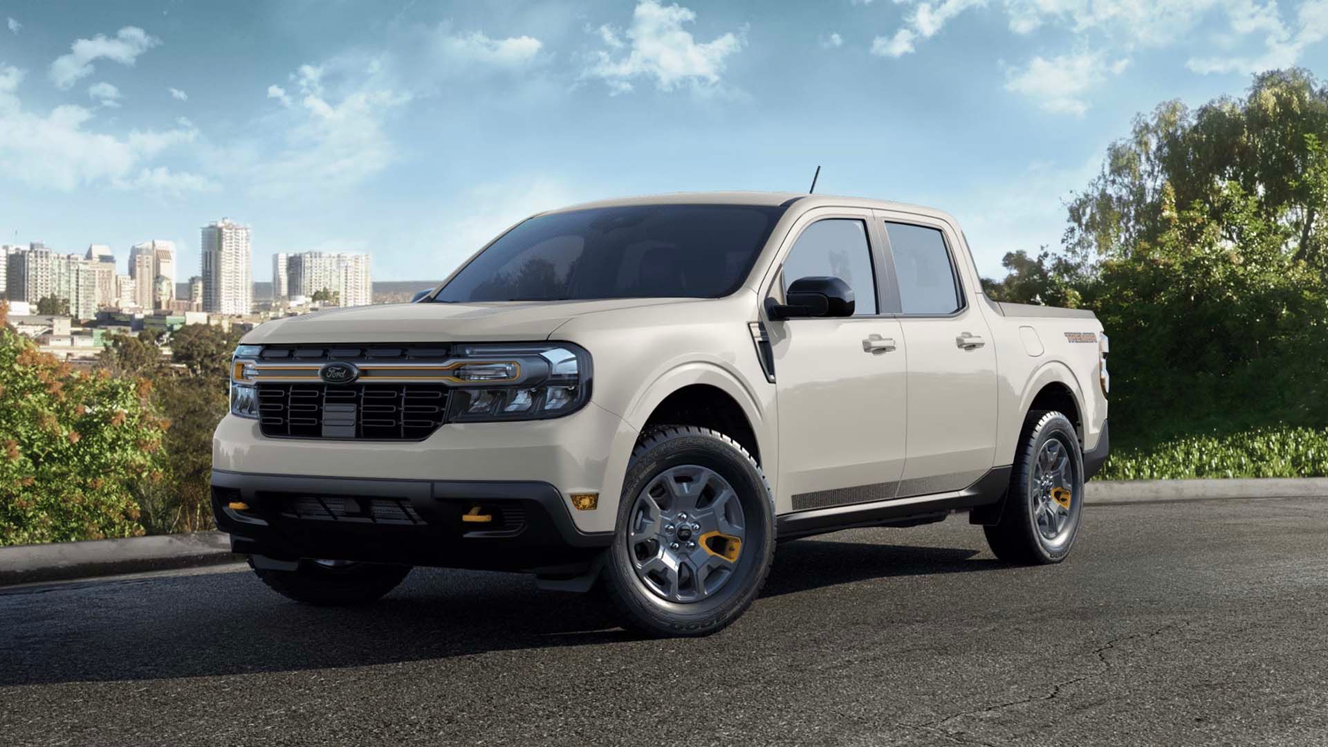 Vista frontal 3/4 de um Ford Maverick Lariat 2024 com pacote Tremor
