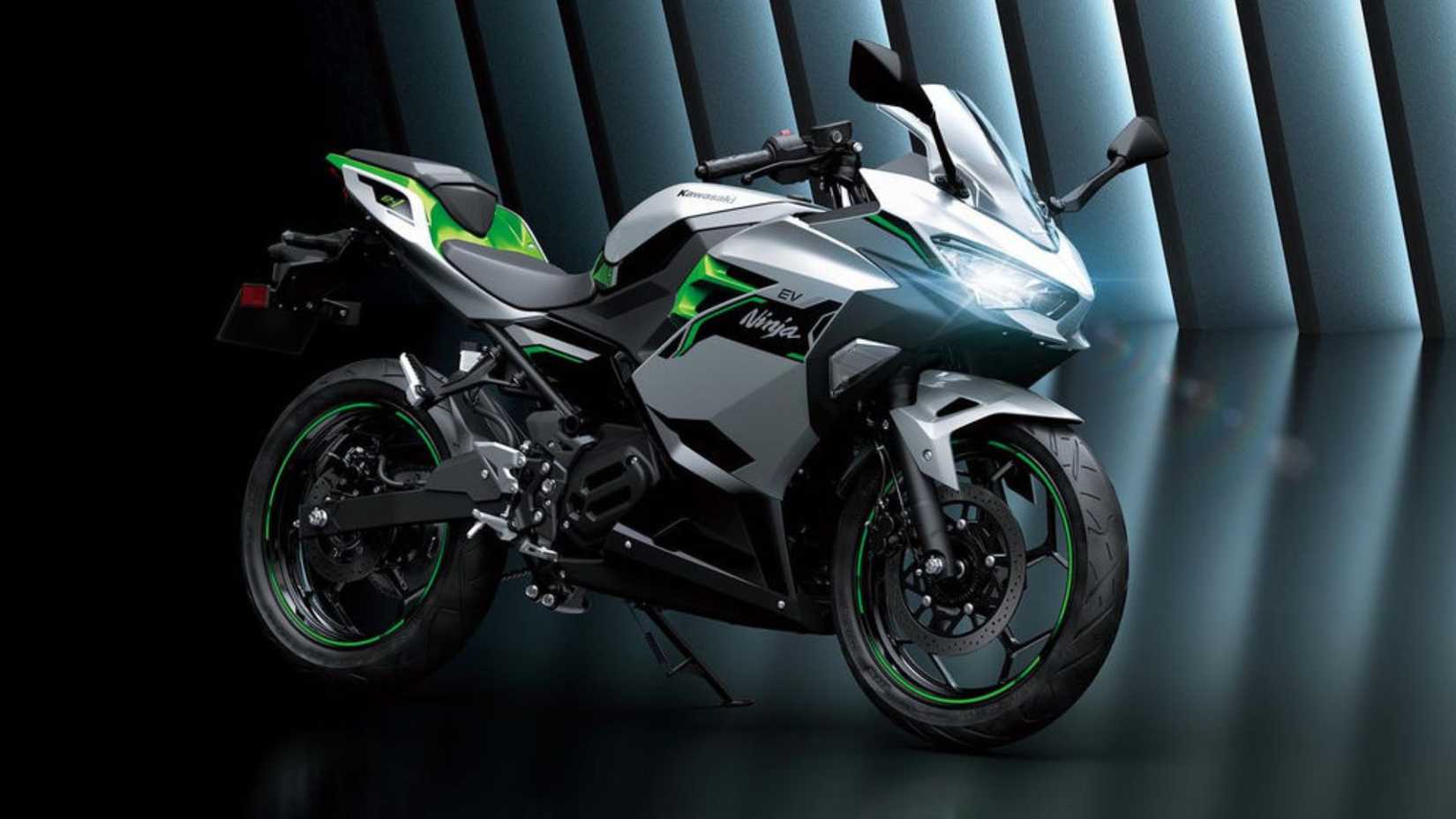 Side profile studio shot of 2024 Kawasaki Ninja E-1 electric sports bike with neon gray lighting background.