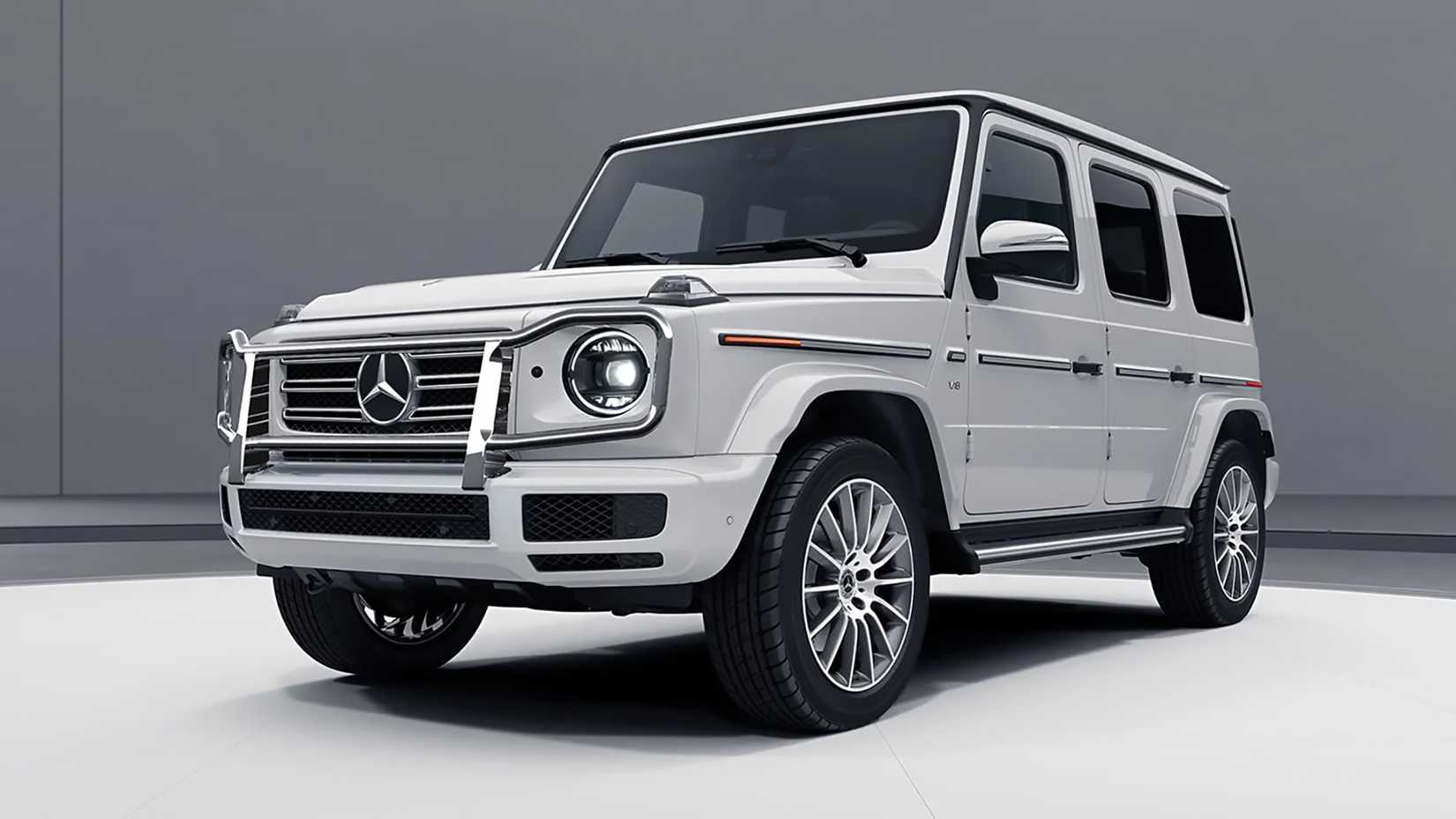 A front end 3/4 shot of a White 2024 Mercedes-Benz G-Class