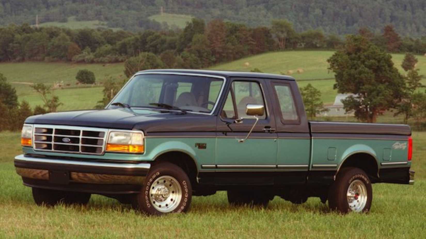 Ford F-150 1995 em verde e preto estacionado em um campo