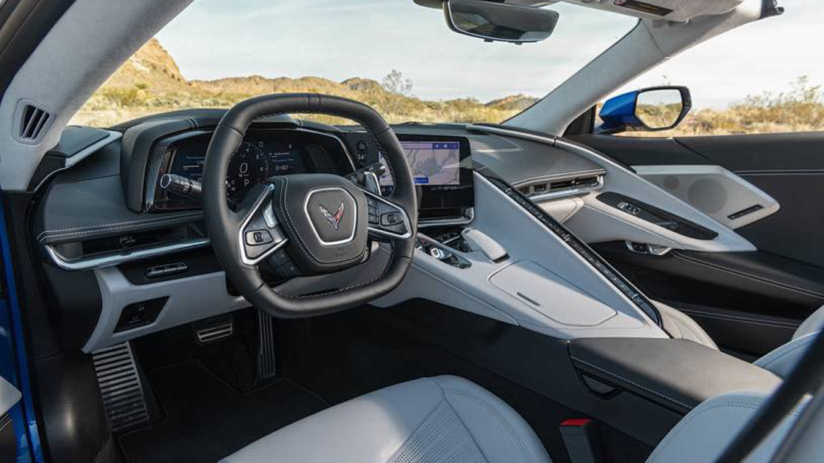 2023 Chevrolet Corvette Stingray C8 interior Showing steering wheel, central column and infotainment screen