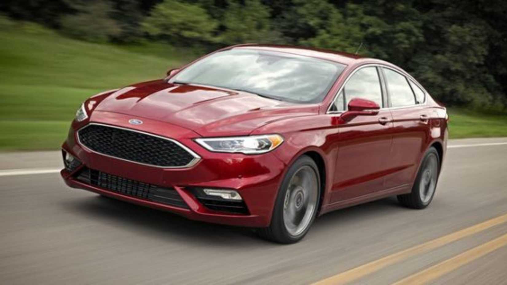 Front 3/4 shot of a red 2020 Ford Fusion
