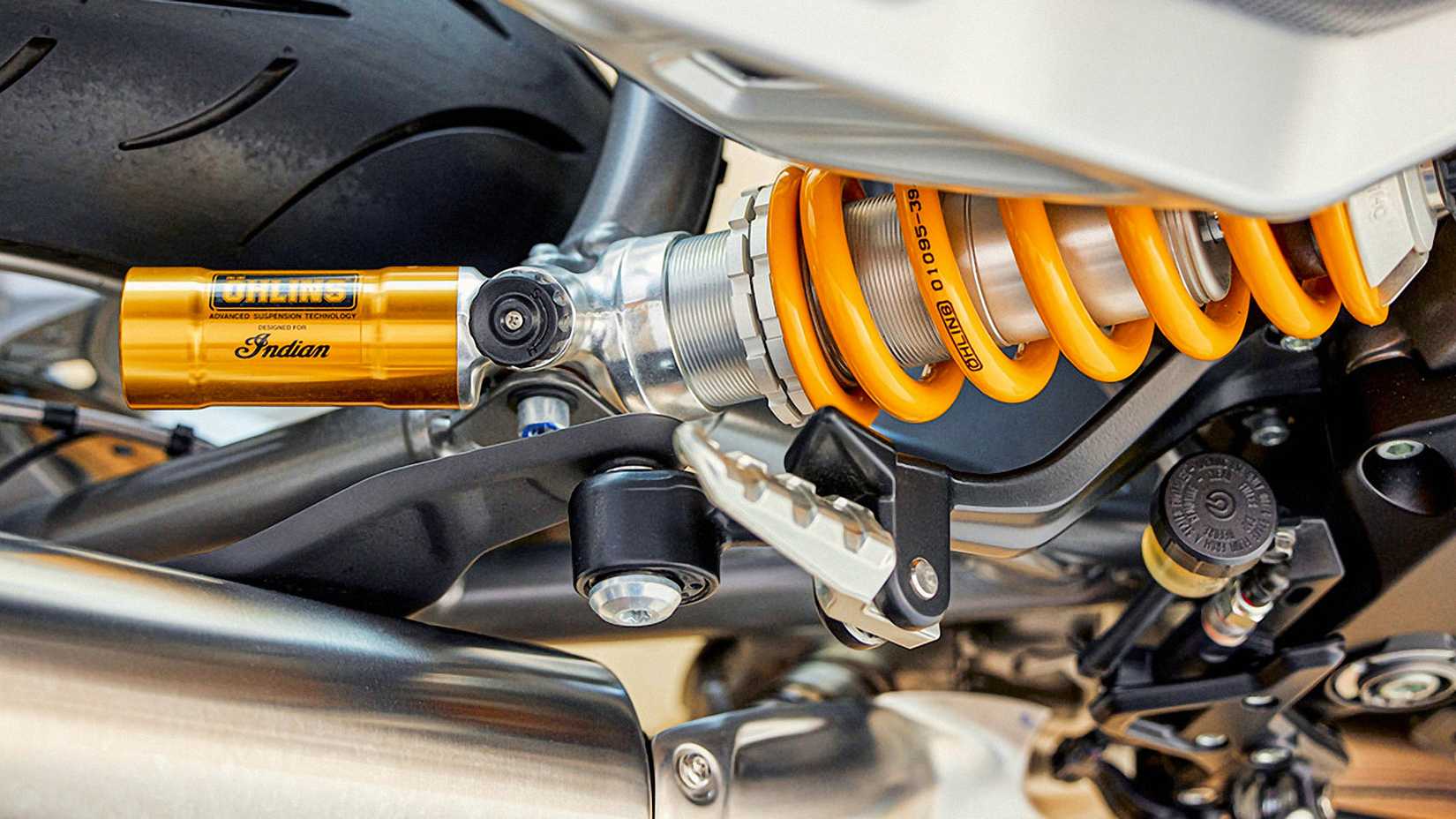 2024 Indian FTR R Carbon rear suspension close-up detail