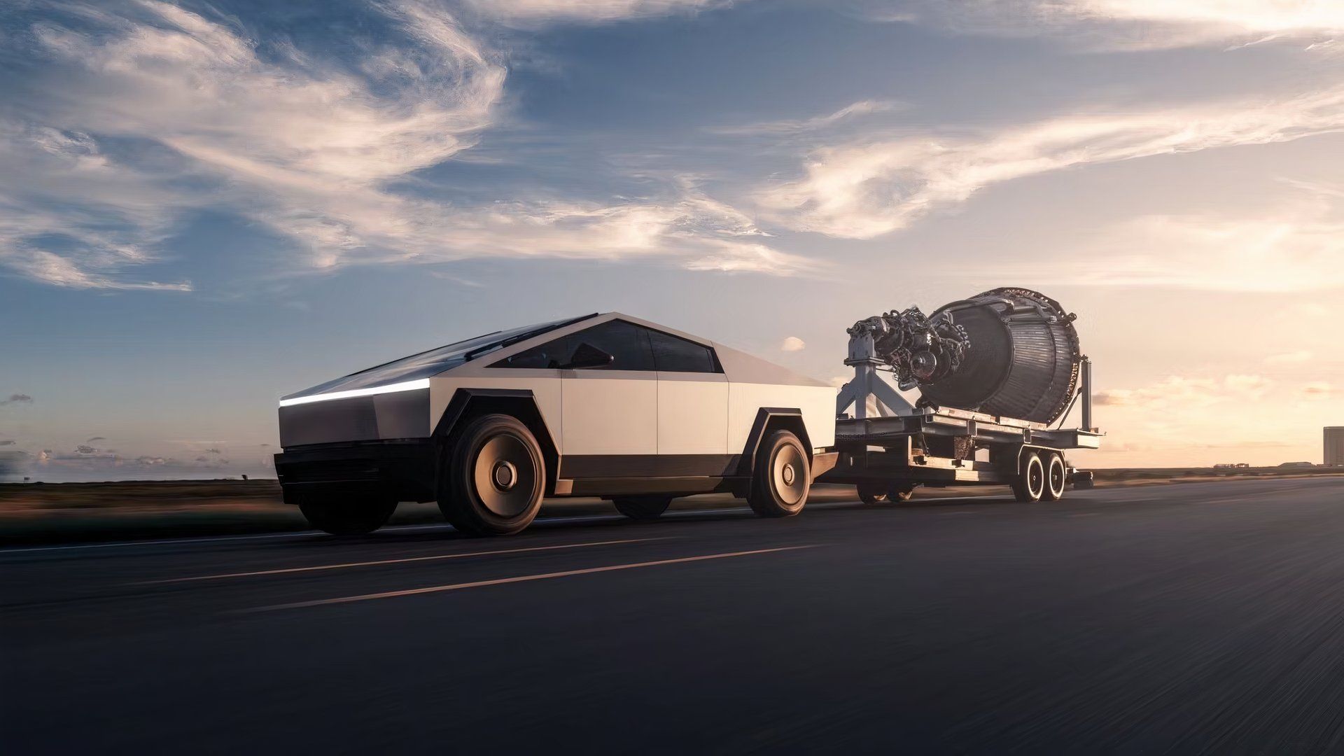 Foto de ação externa do Cybertruck rebocando um foguete Raptor da SpaceX.