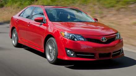 Red 2014 Toyota Camry driving on country road