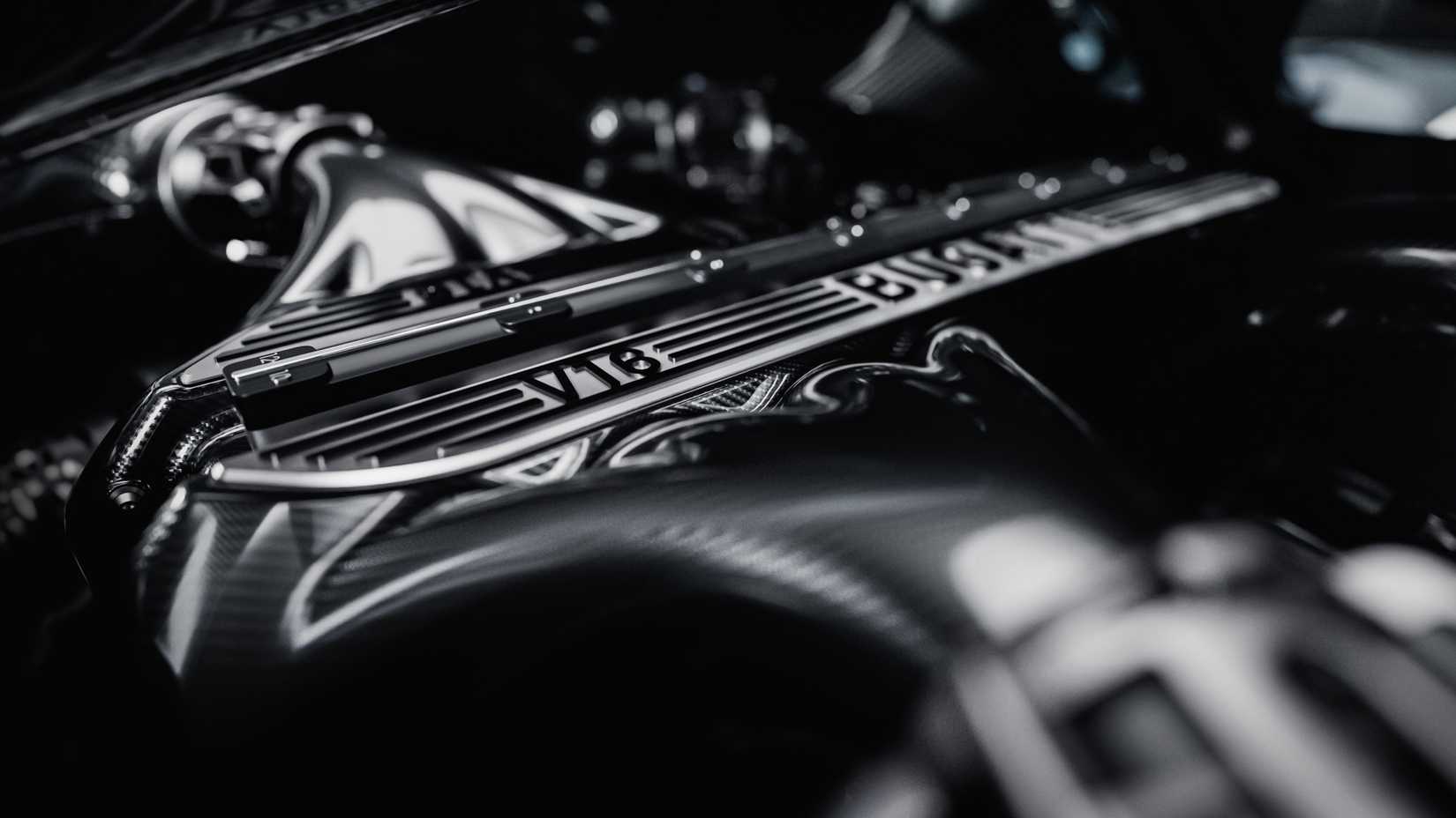 Shot of Bugatti Tourbillon's V-16 engine