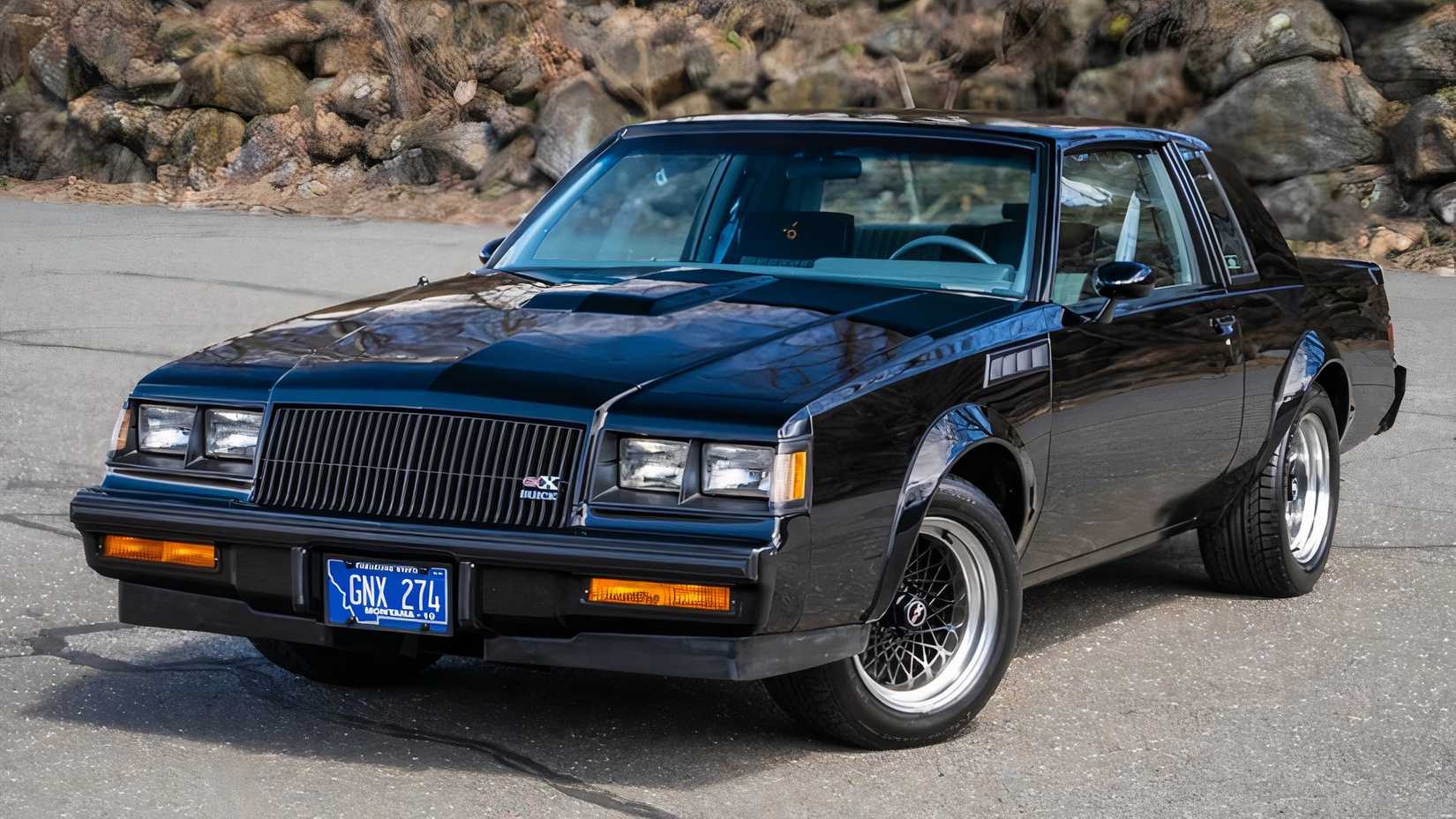 3/4 front view of black Buick GNX