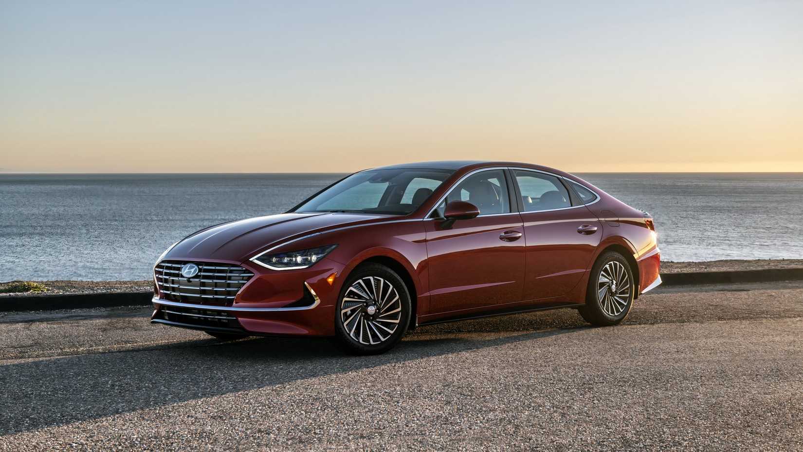 2023 Hyundai Sonata Hybrid parked on the beach front