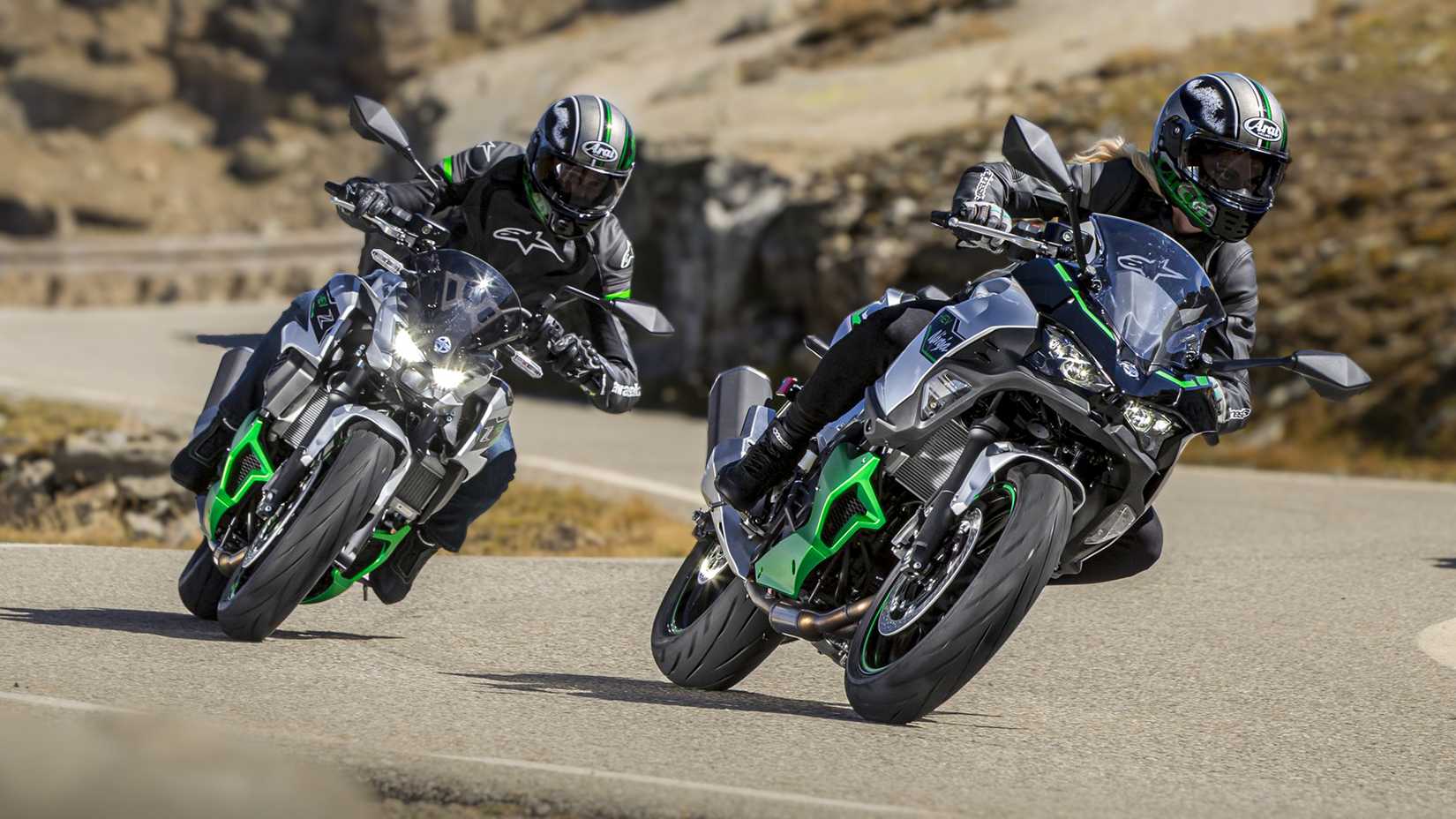 The 2024 Kawasaki Ninja 7 and Z7 Hybrid on a mountain road