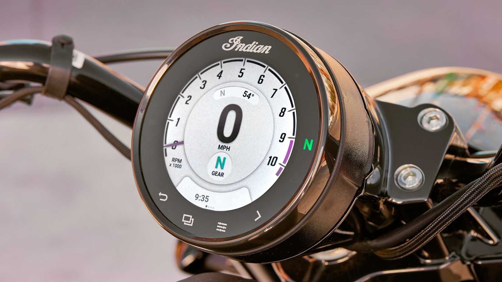 2025 Indian Scout Bobber instrument dial close-up detail