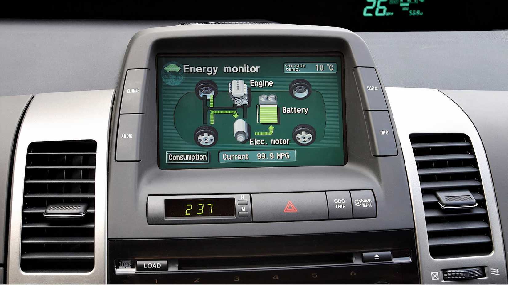 2005 Toyota Prius LCD screen showing hybrid engine monitoring system