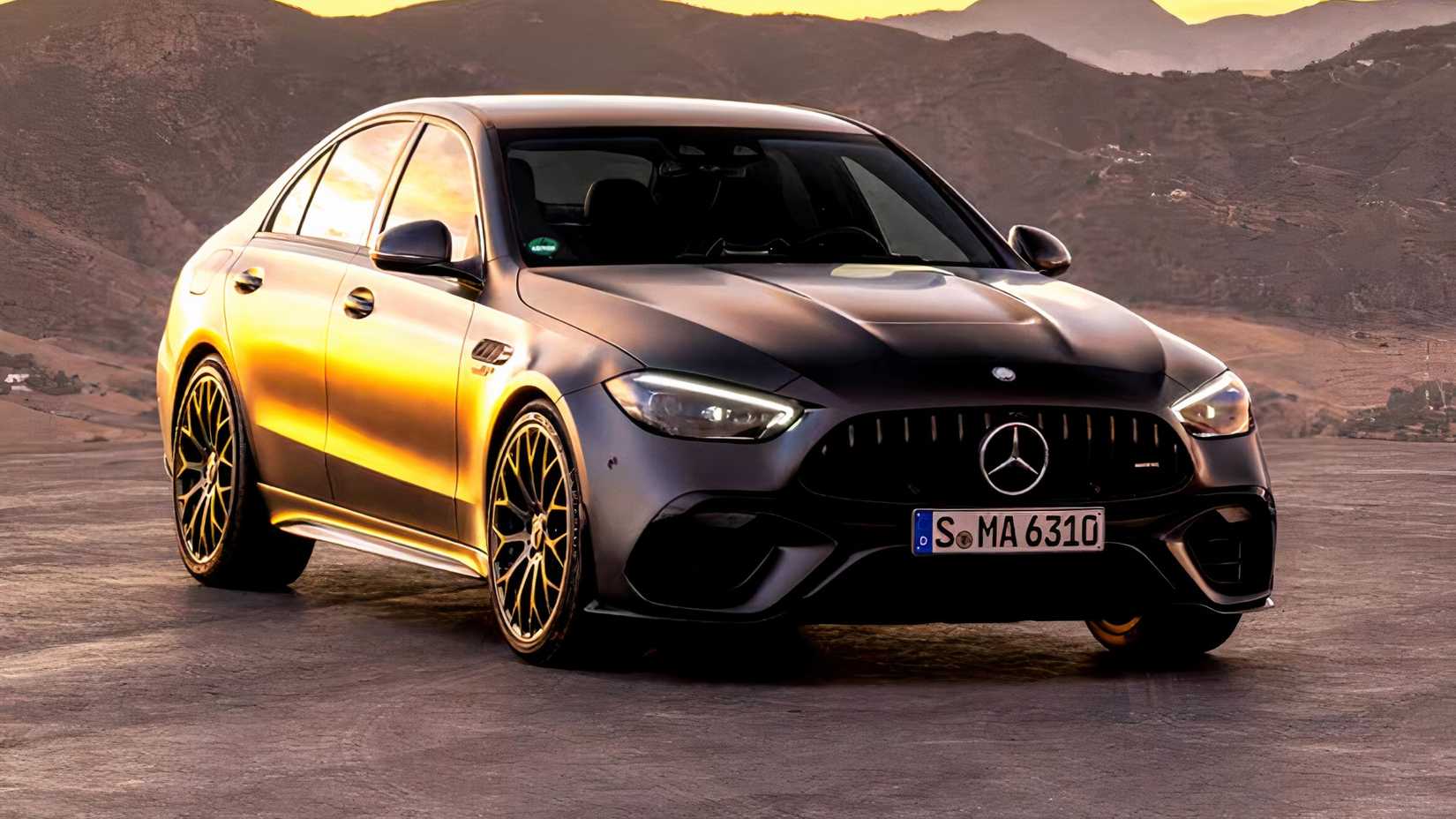 2024 Mercedes-Benz AMG C 63 SE Performance Sedan in black Posing in front of mountain range