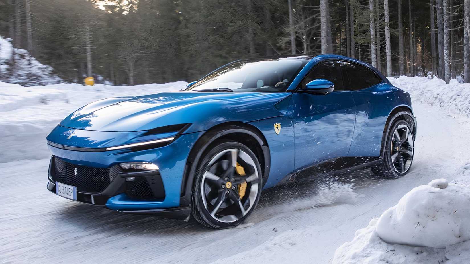 2024 Ferrari Purosangue driving in the snow