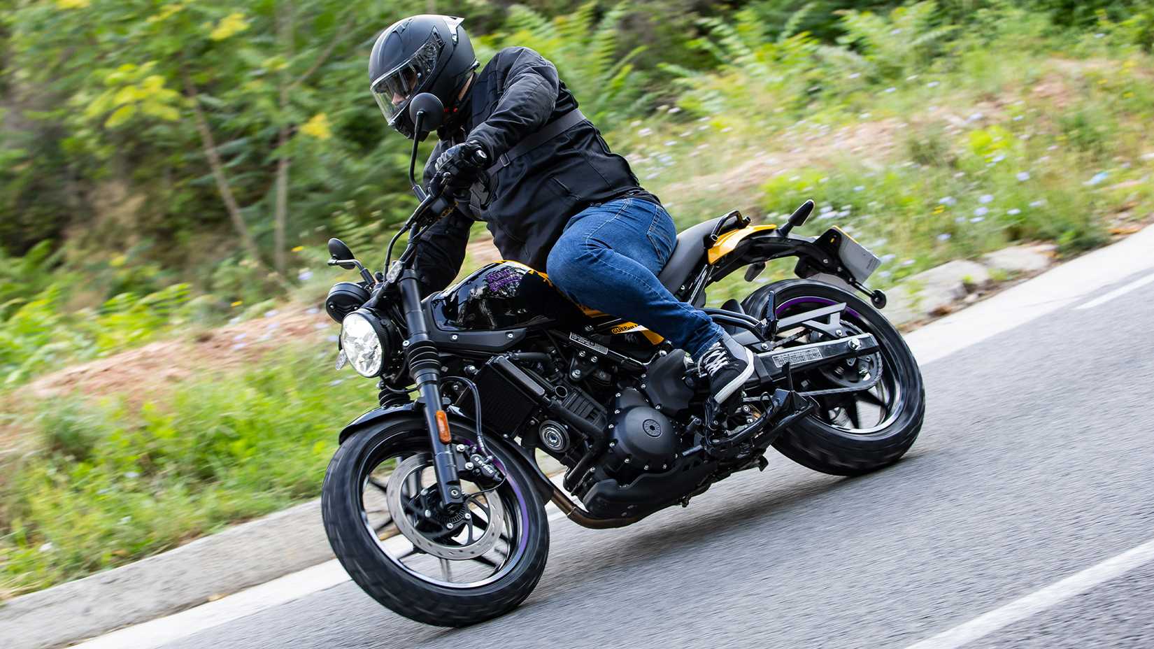 Royal Enfield Guerrilla 450cornering front third quarter view