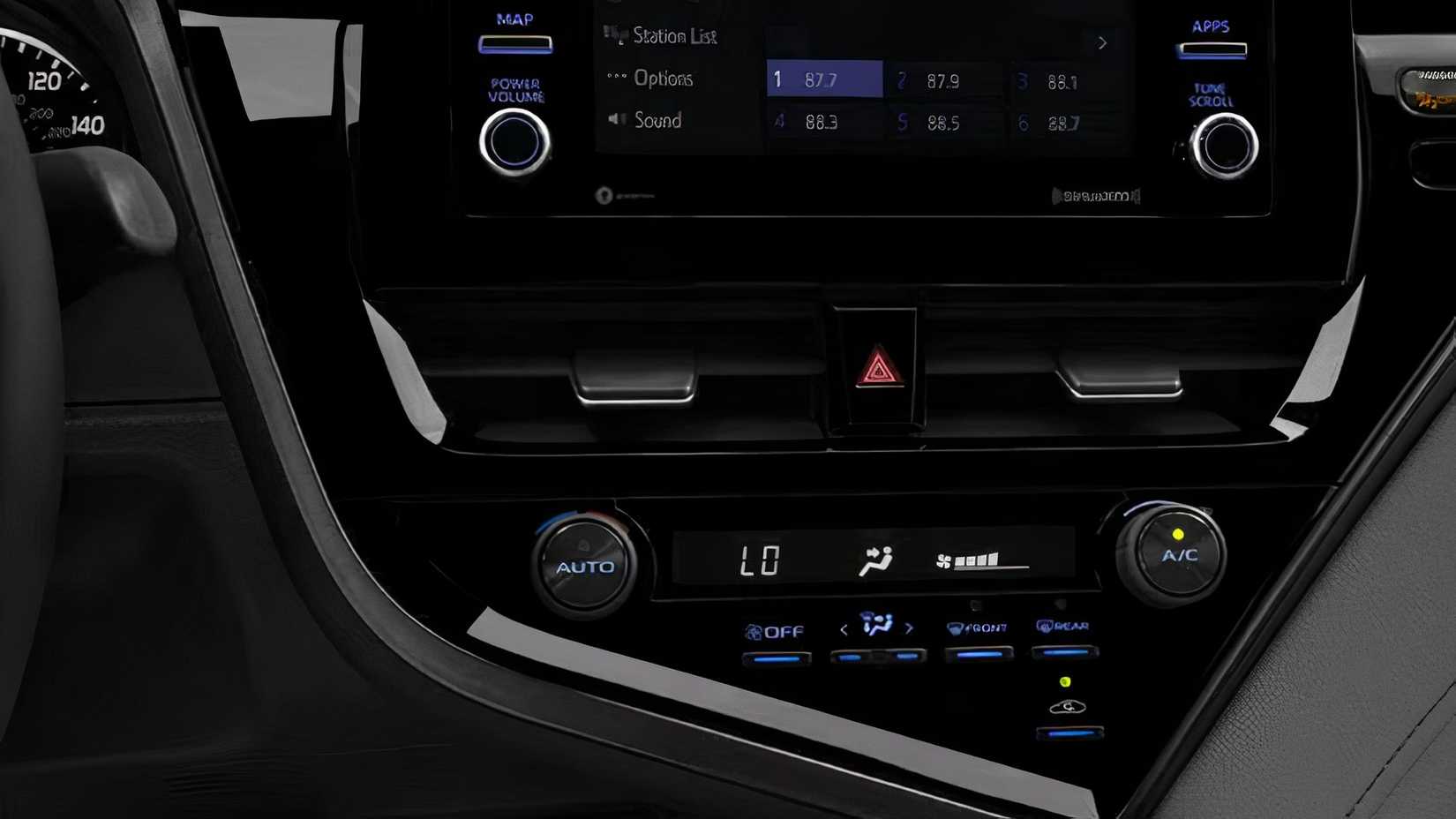 Uma visão do sistema de ar condicionado do Toyota Camry 2023.
