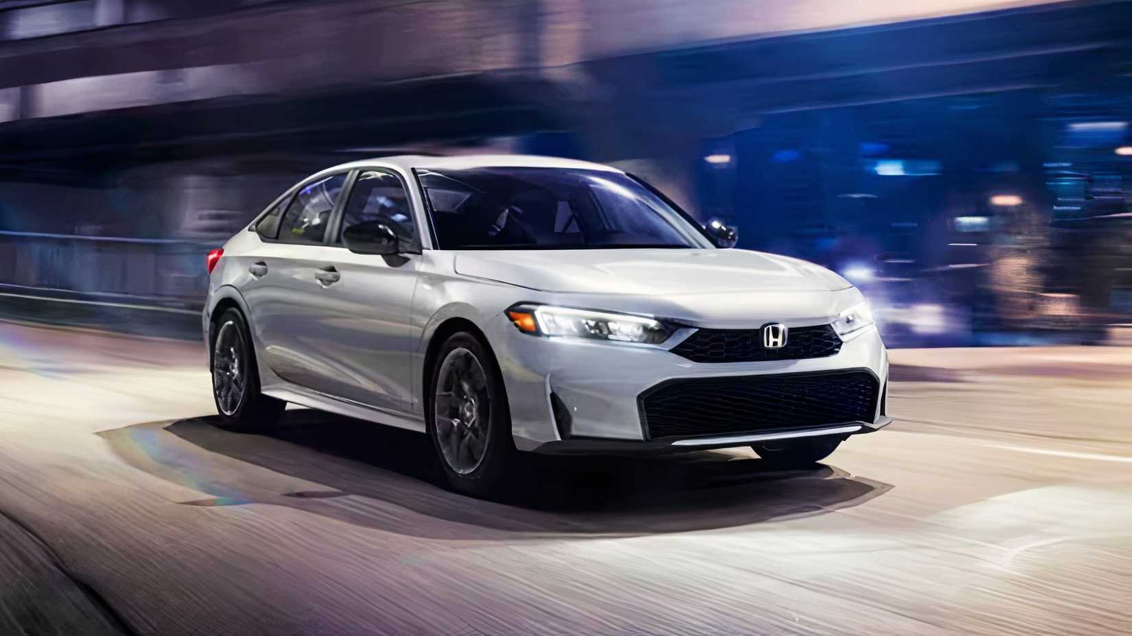Um Honda Civic Hybrid 2025 branco está dirigindo.