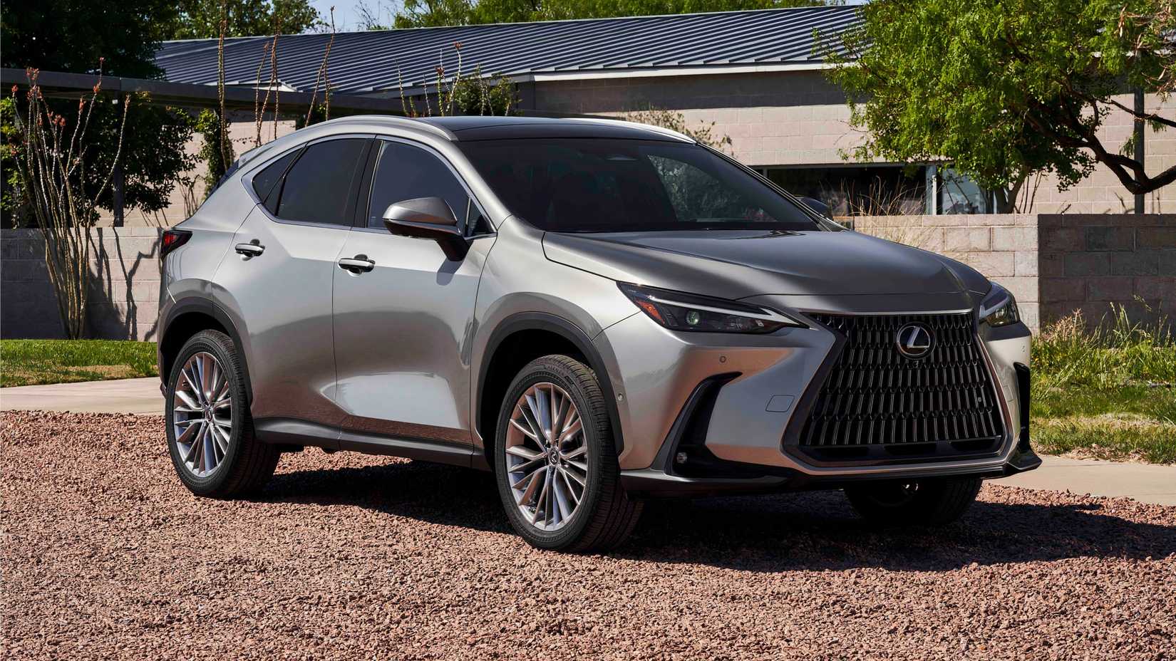 Front three-quarters shot of a grey 2025 Lexus NX 350h