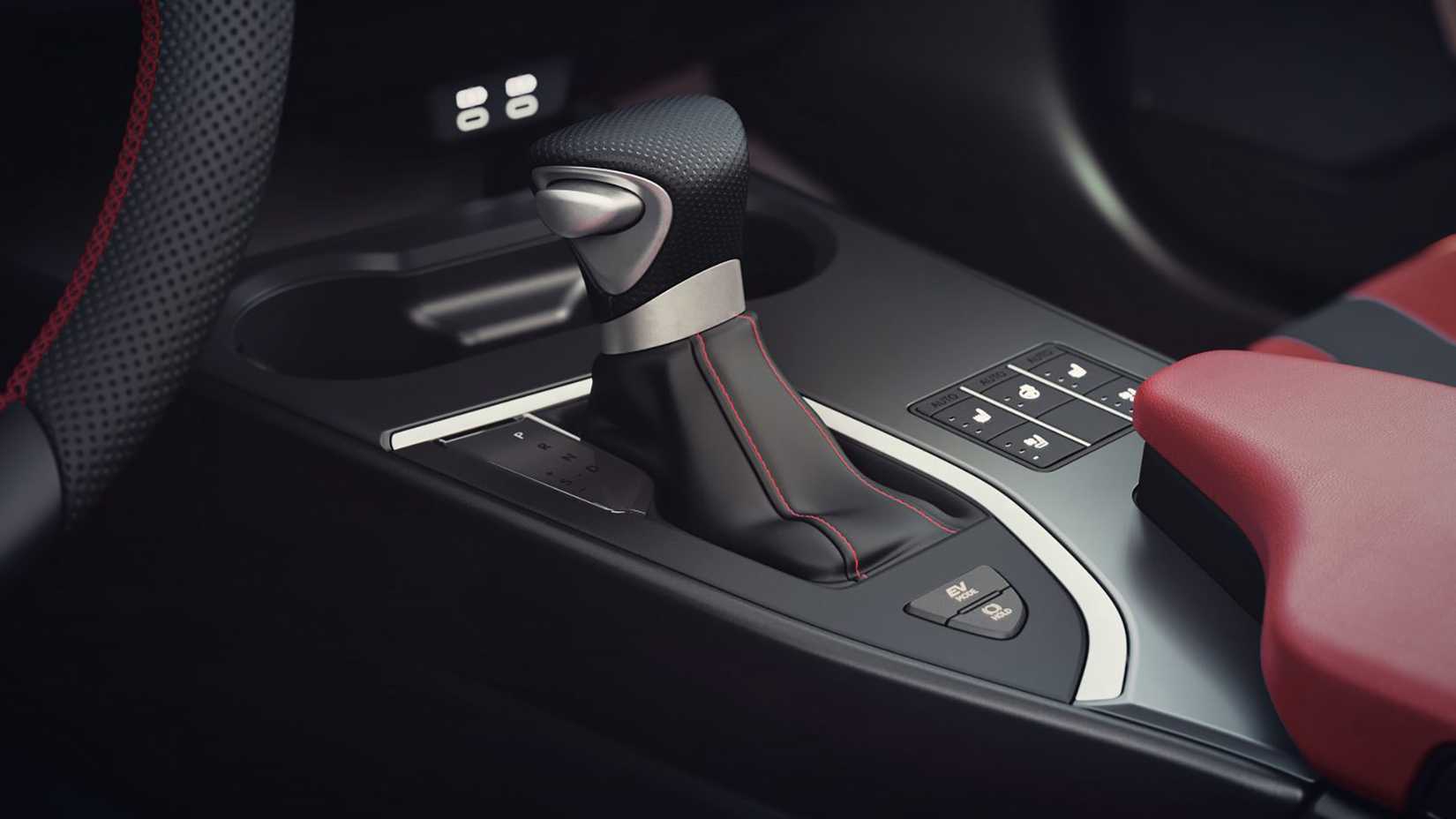 A close up of a 2023 Lexus UXh F Sport's shift lever