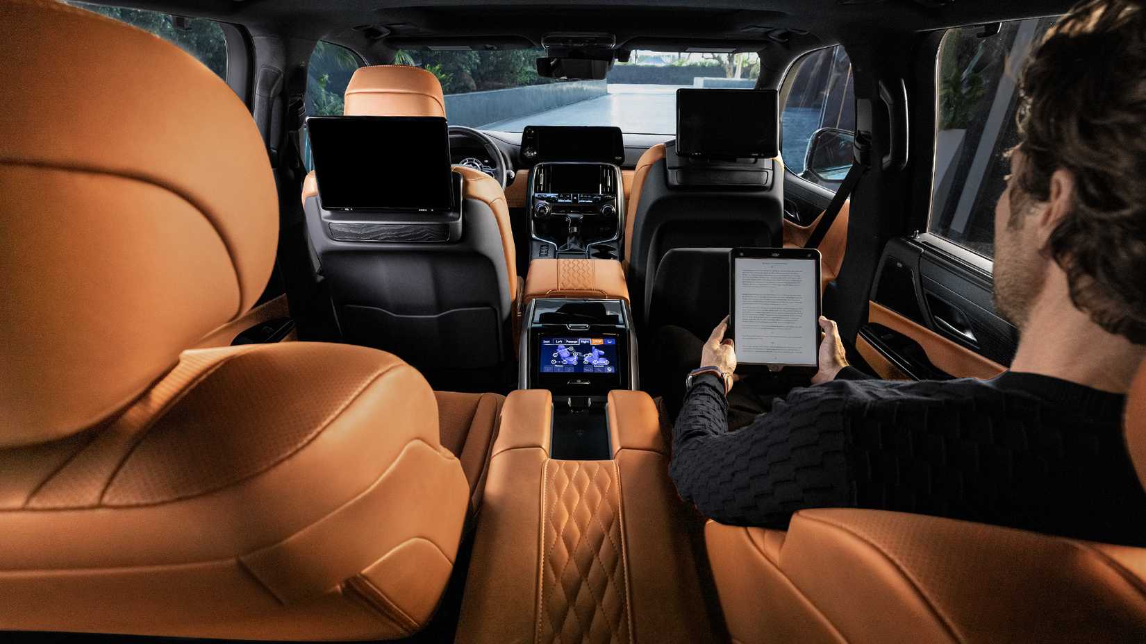 A shot from the rear, of the interiors of a 2024 Lexus LX Ultra Luxury