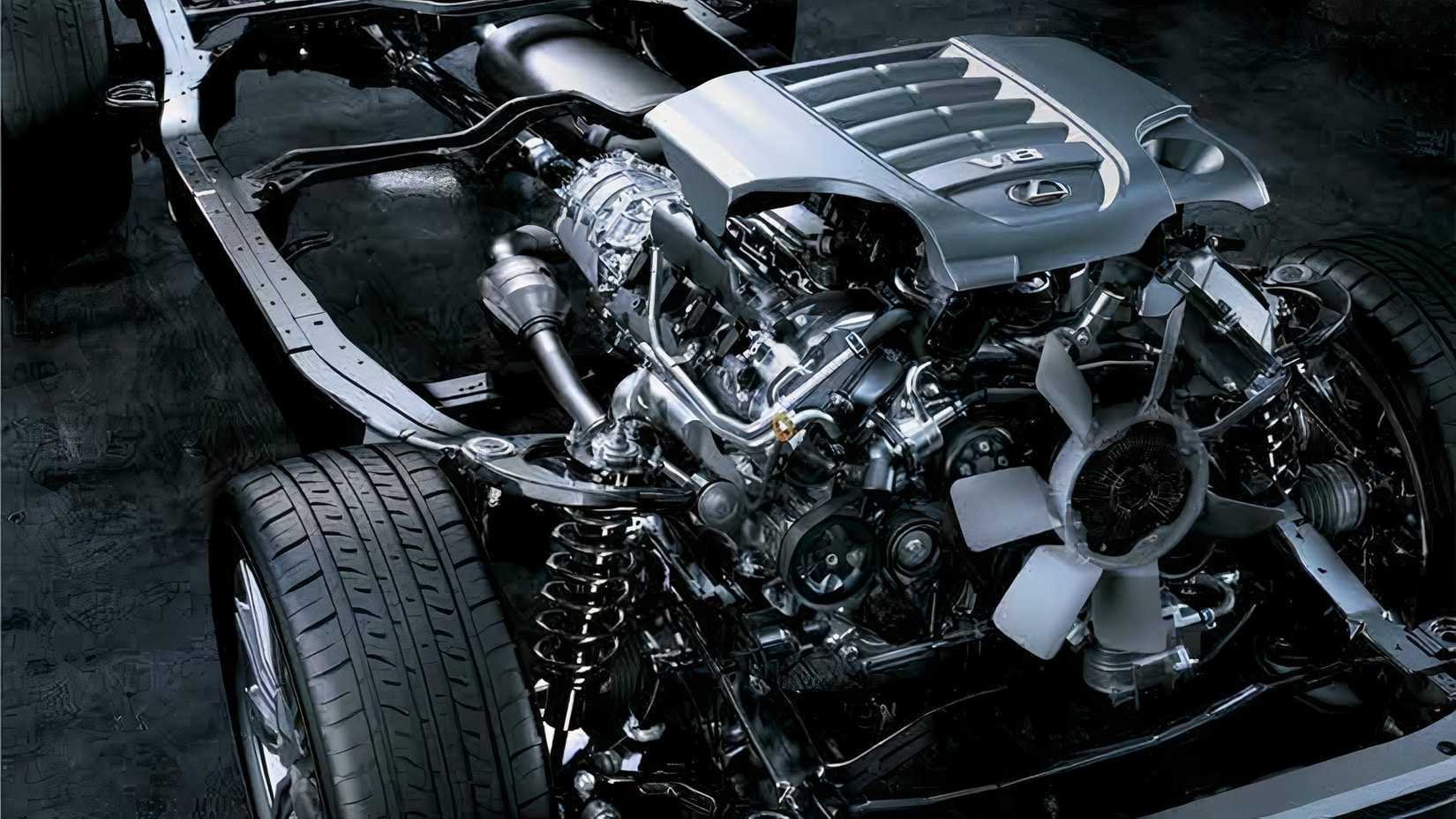 A studio shot of the 2021 Lexus LX 570's engine and chassis