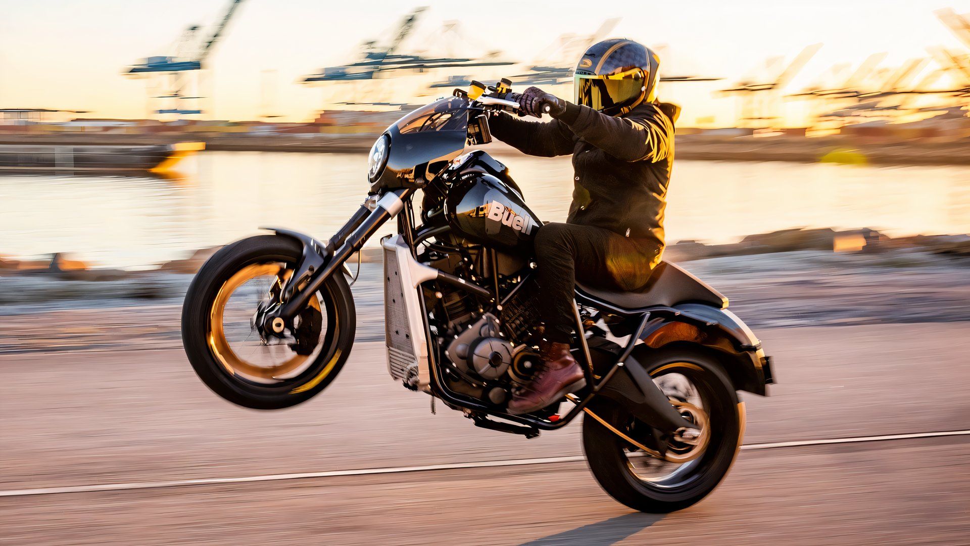 2025 Buell Super Cruiser popping wheelie hd American power cruiser wallpaper