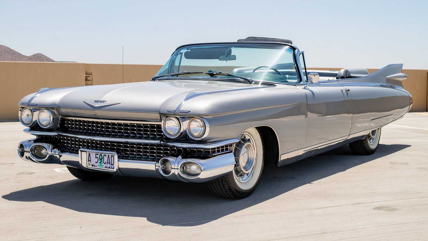 3/4 front view of silver 1959 Cadillac Eldorado Biarritz
