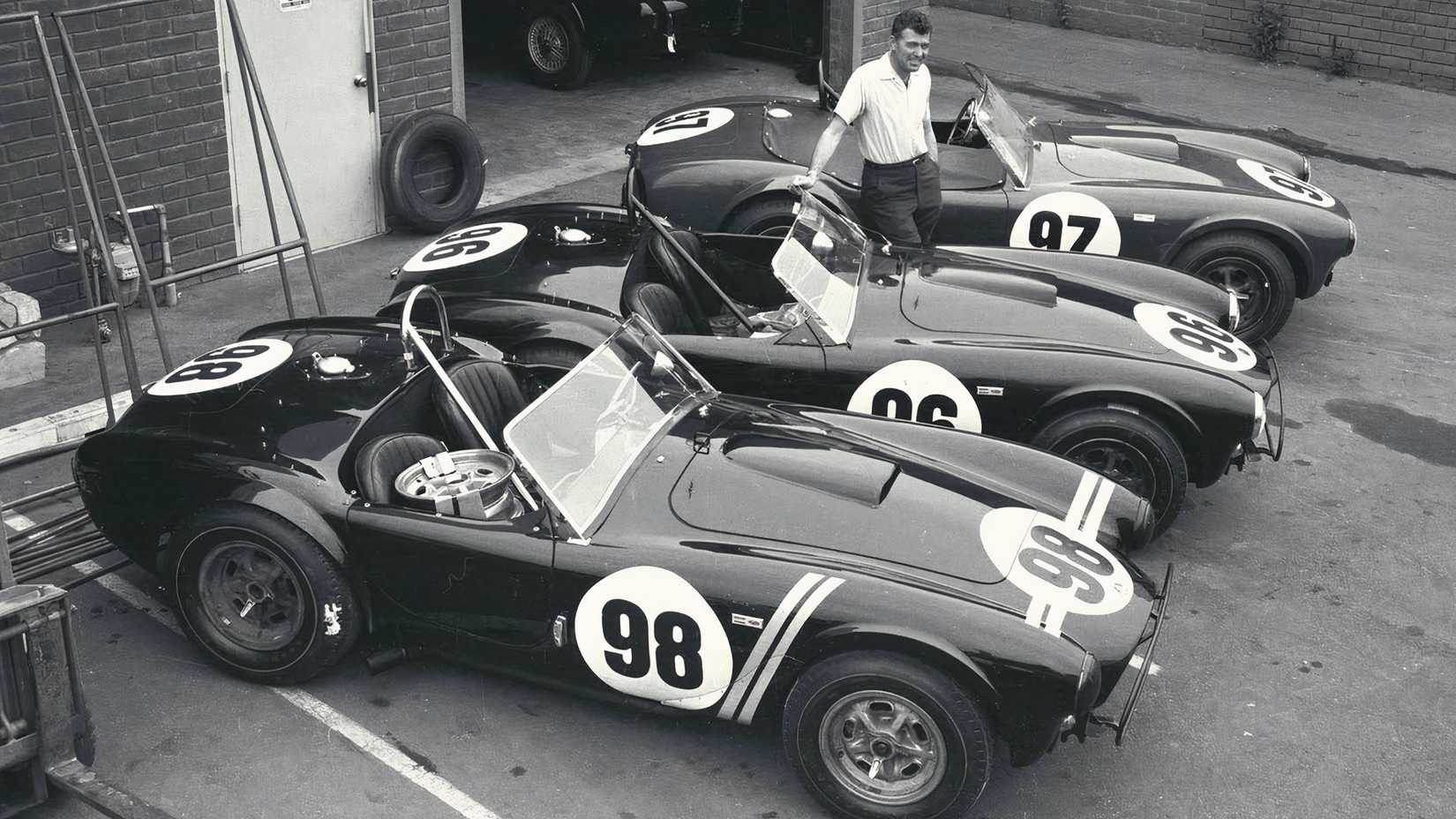 A top view of Carroll Shelby with three Cobras
