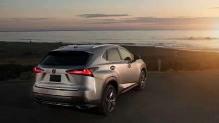 Vista traseira de um Lexus NX 300 F-Sport 2021 estacionado perto de um corpo de água