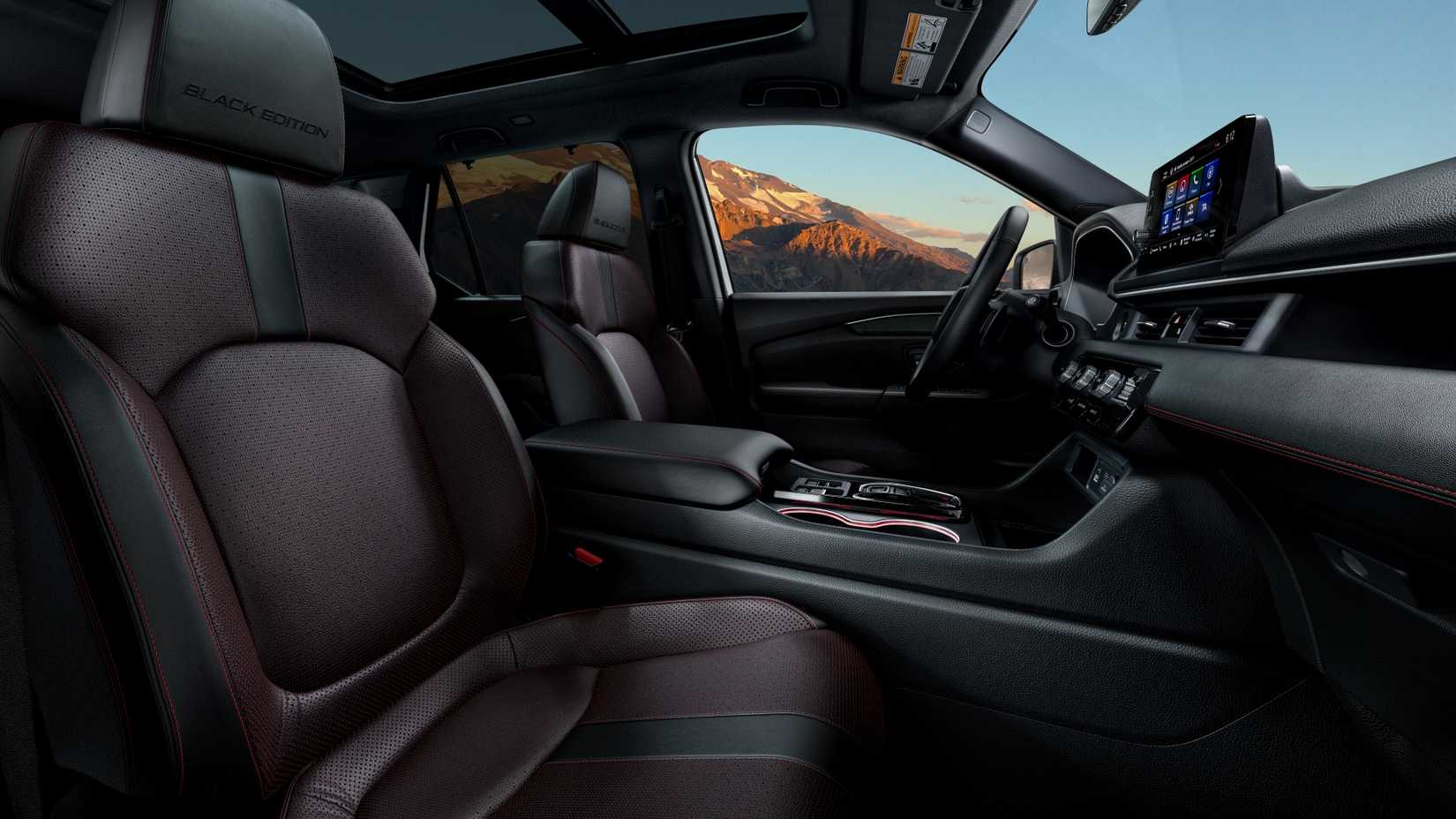 Interior shot of the front seats in the 2025 Honda Pilot Black Edition