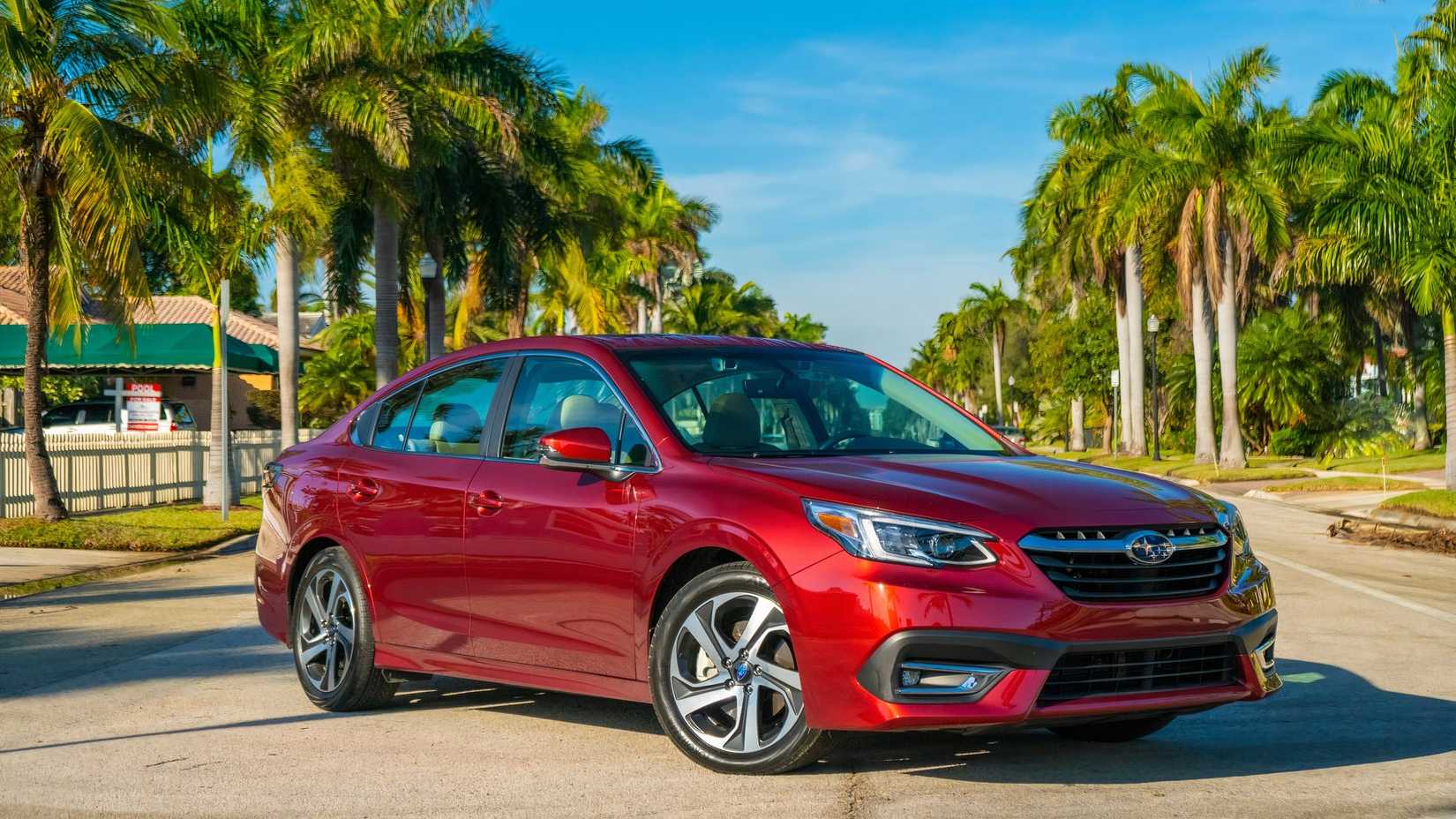 Red 2019 Subaru Legacy static front 3/4 shot