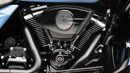 Detalhe de close-up da Harley-Davidson Road Glide Milwaukee-Eight 117 2024