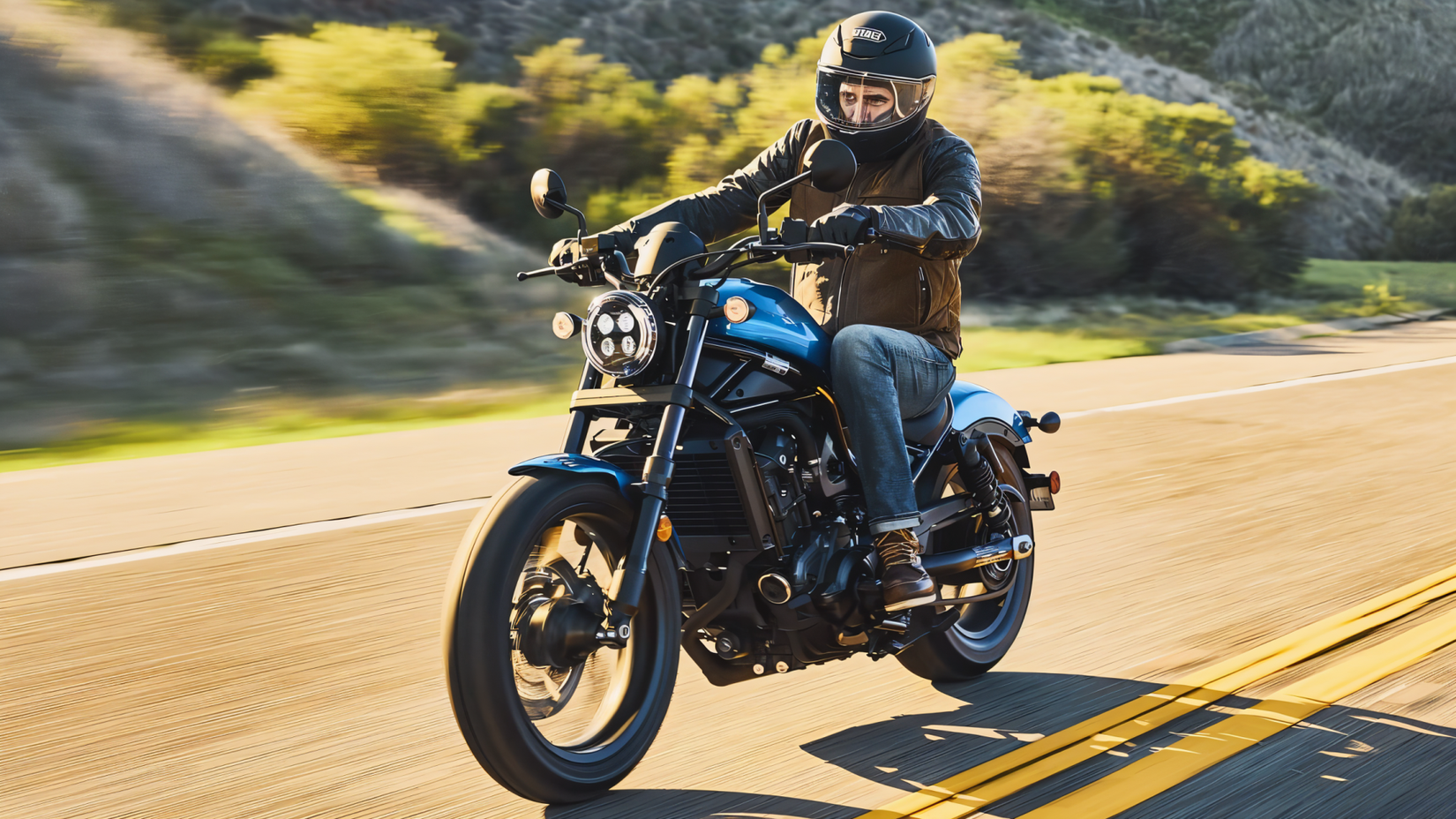 Honda Rebel 1100 in blue cruising front third quarter view