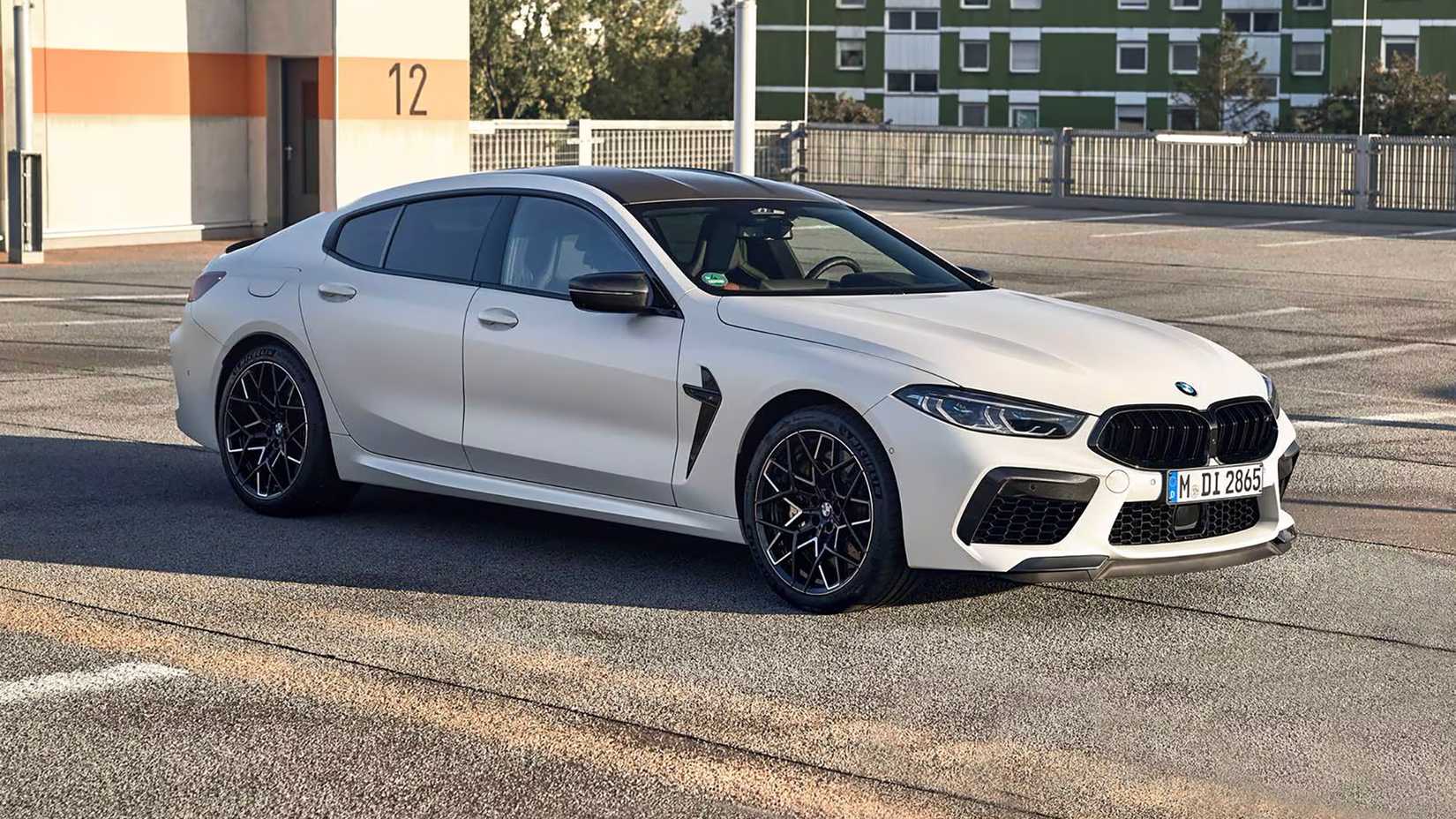 A front, right hand-side shot of a 2024 BMW M8 Gran Coupe