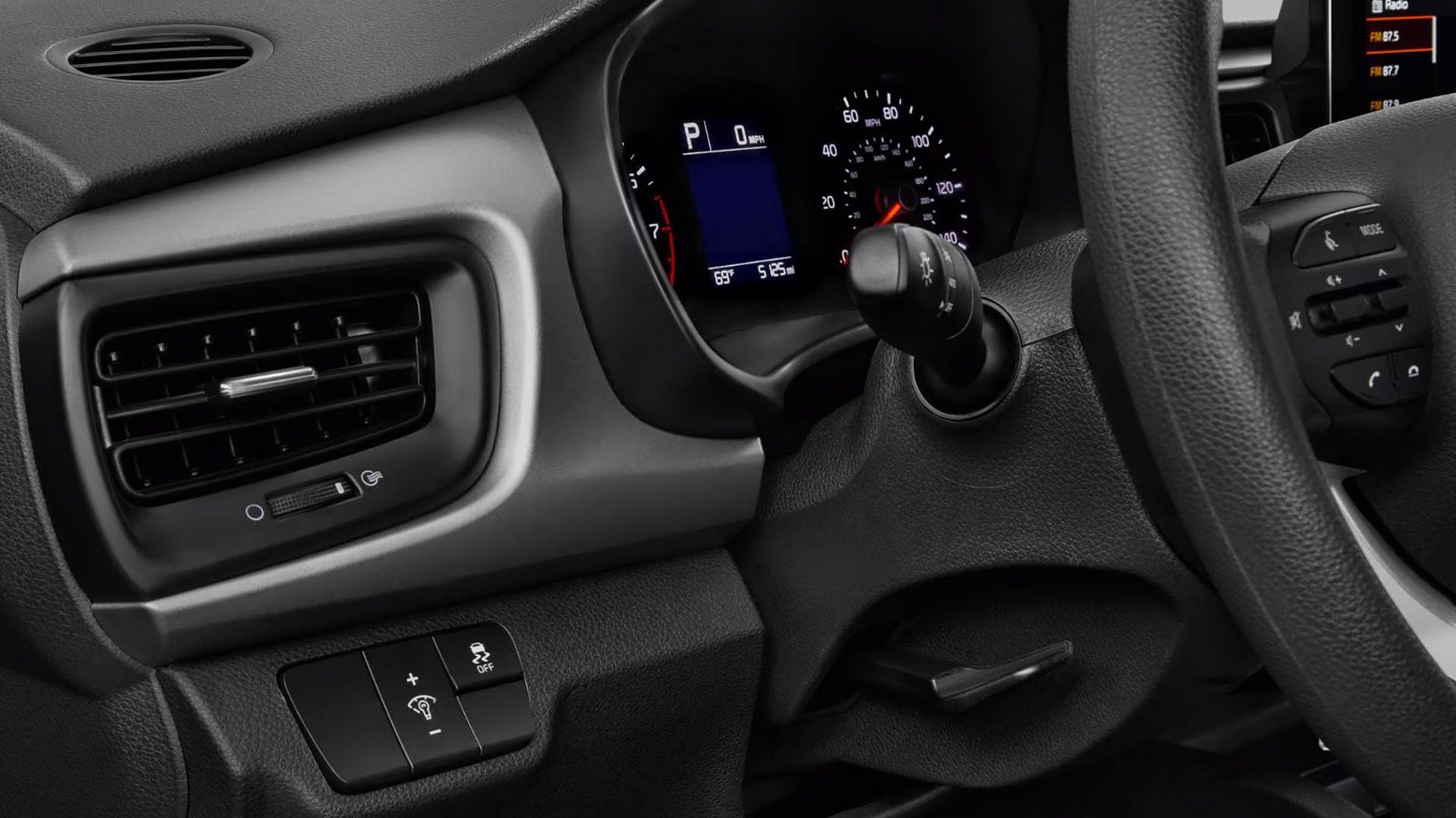 Uma visão do painel de instrumentos e funções de um Kia Rio 2023