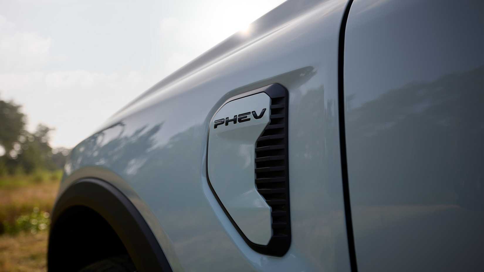 Close-up shot of the 2024 Ford Ranger PHEV's charging port