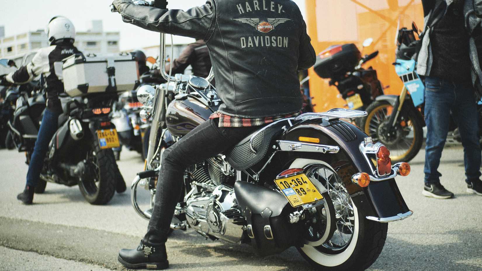  Biker on low Harley-Davidson cruiser at a bike meet