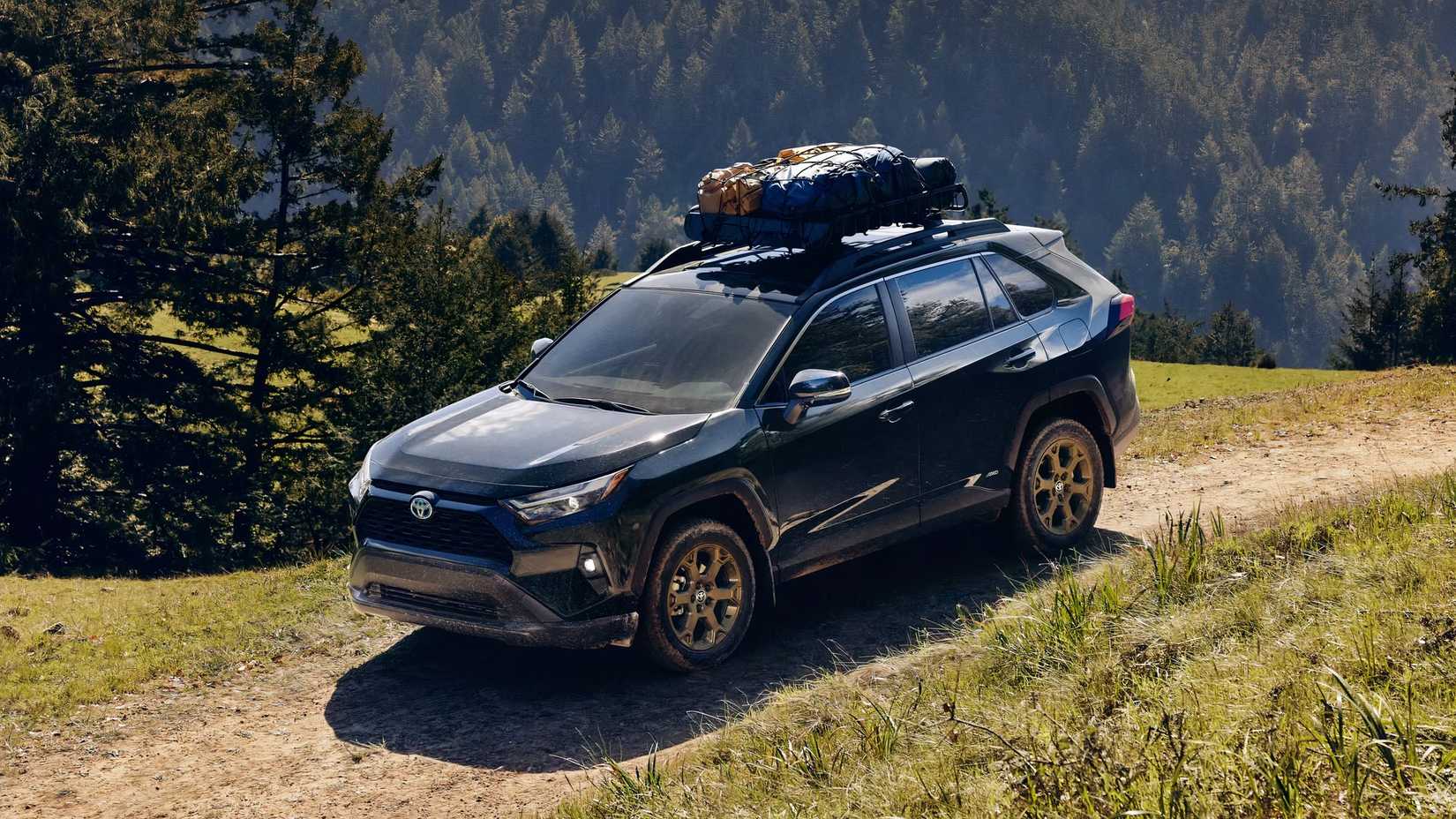 Um pequeno SUV híbrido Toyota RAV4 Hybrid azul.