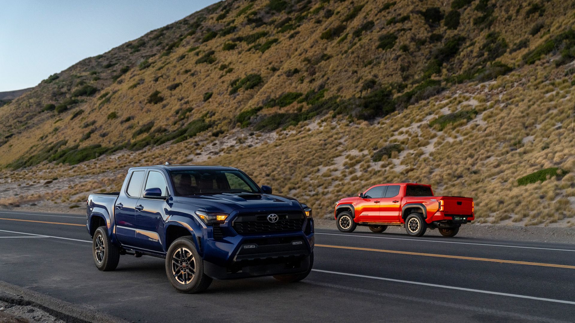 2024 Toyota Tacoma models in blue and orange driving on desert highway