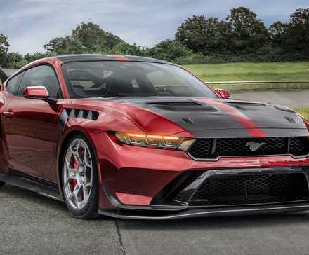 Front three-quarter view of a red Ford Mustang GTD